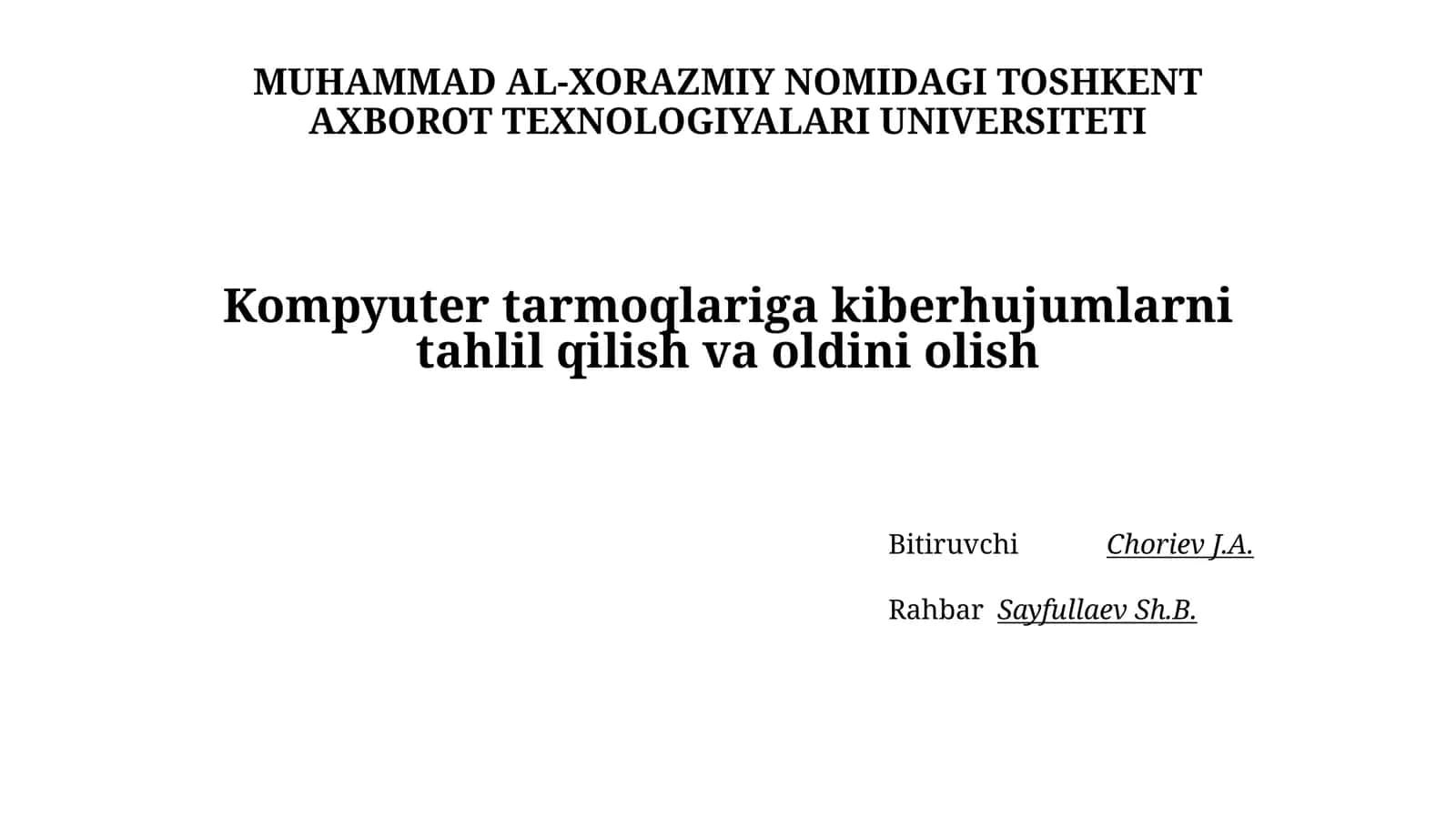 Kompyuter tarmoqlariga kiberhujumlarni tahlil qilish va oldini olish