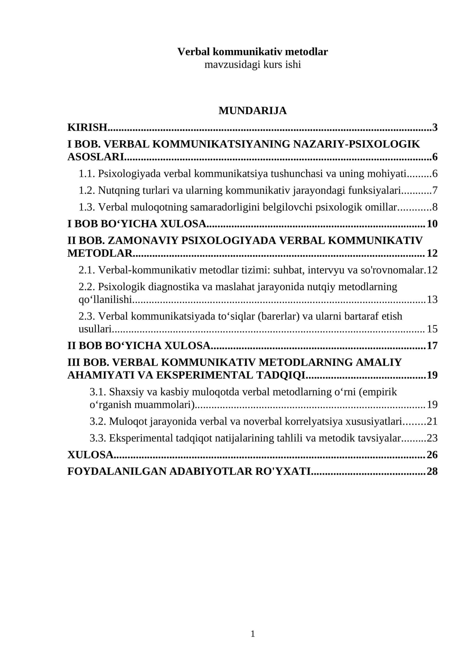 Verbal kommunikativ metodlar mavzusidagi kurs ishi