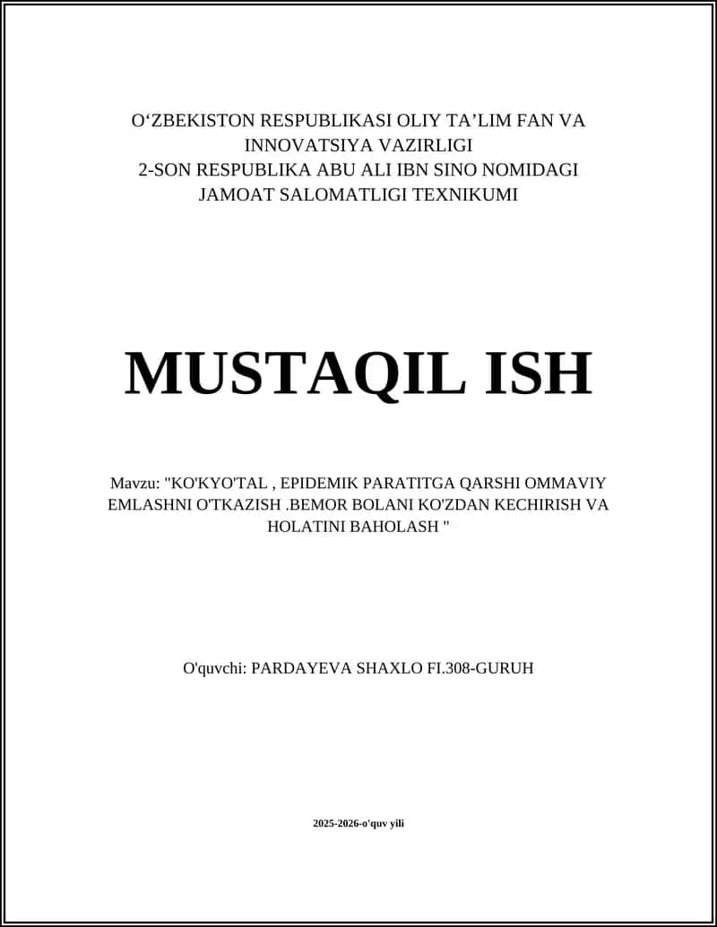 "KO'KYO'TAL, EPIDEMIK PARATITGA QARSHI OMMAVIY EMLASHNI O'TKAZISH.BEMOR BOLANI KO'ZDAN KECHIRISH VA HOLATINI BAHOLASH"