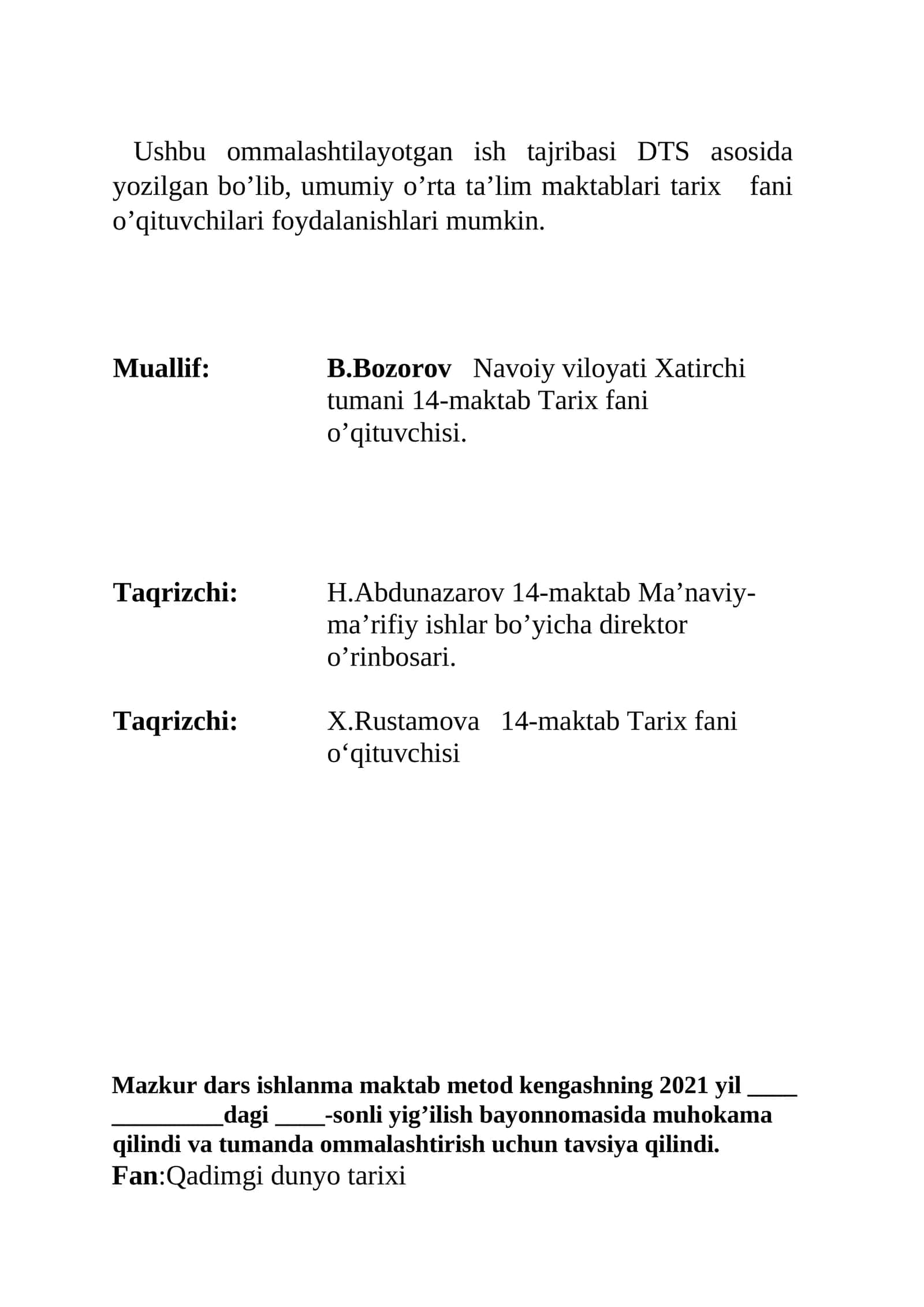 6-sinf Tarix fanidan ochiq dars. Qadimgi Xorazm, Qang' va Davon davlatlari