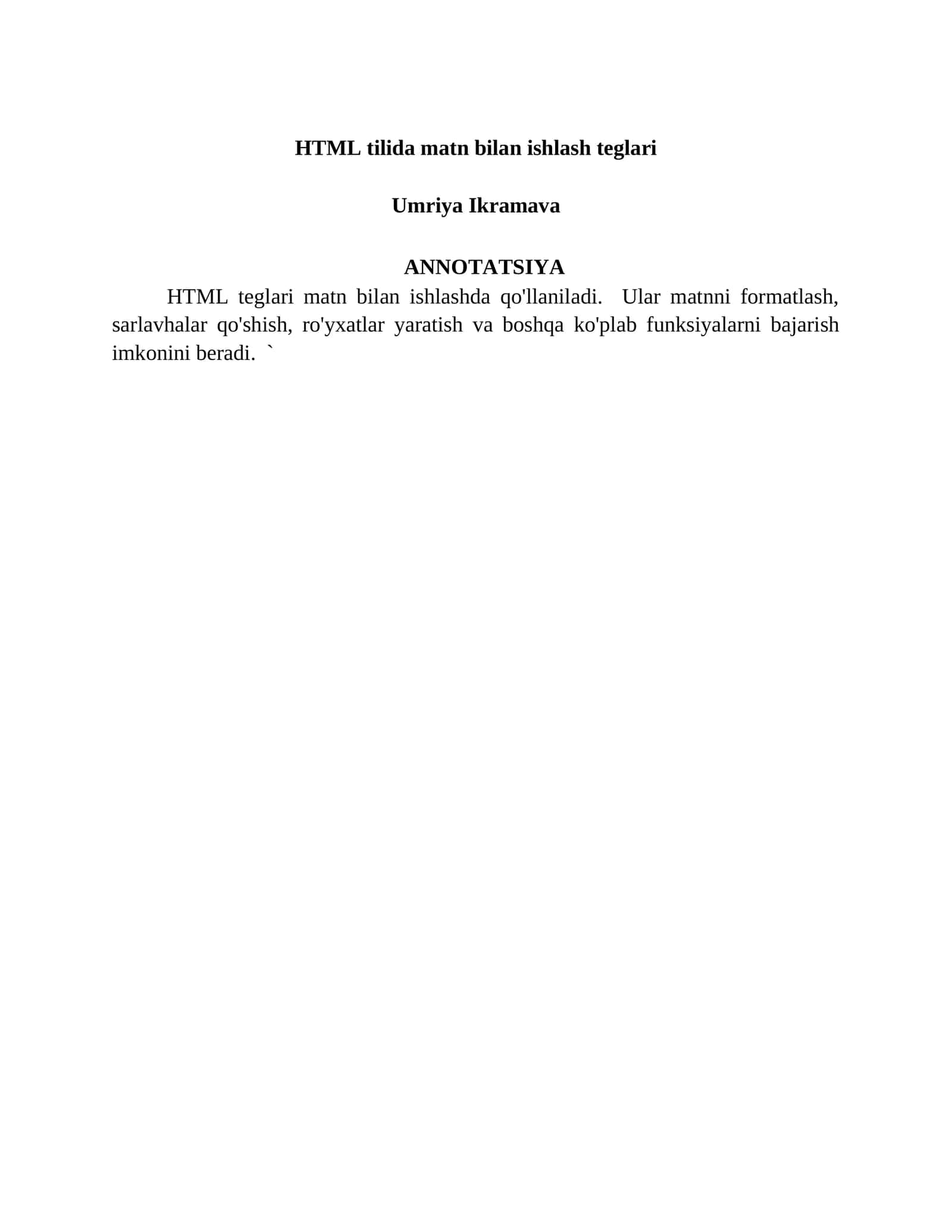 HTML tilida matn bilan ishlash teglari