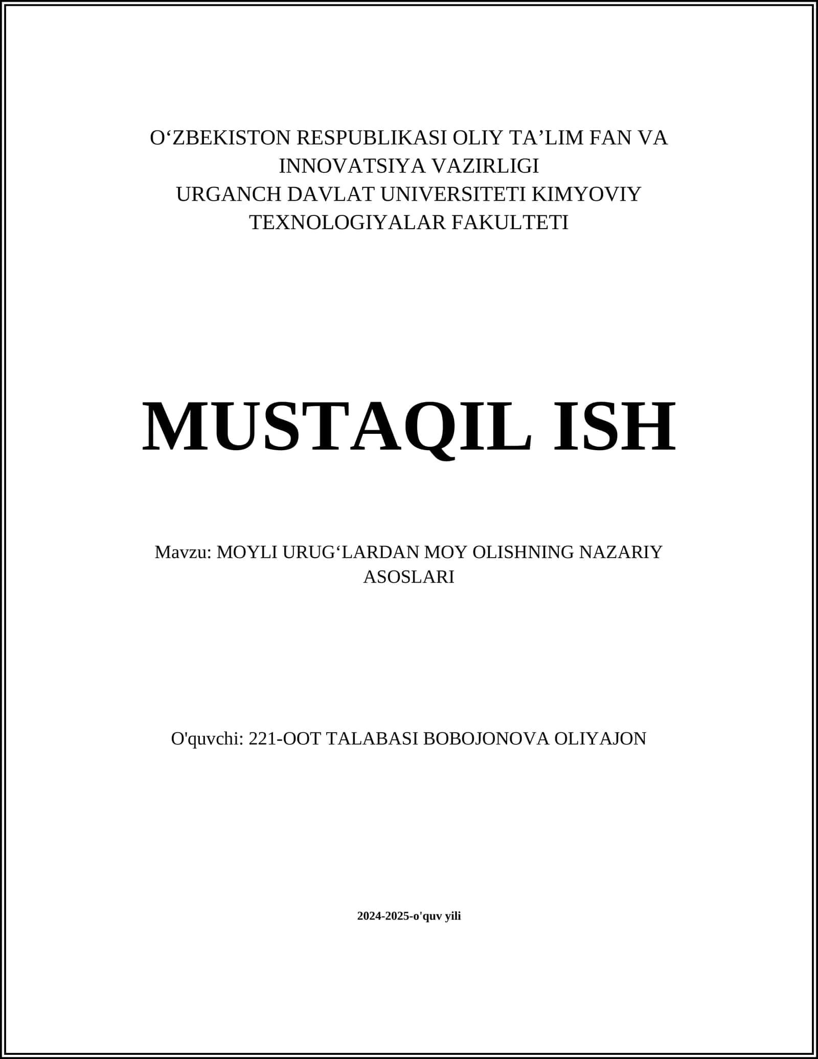 MOYLI URUGʻLARDAN MOY OLISHNING NAZARIY ASOSLARI