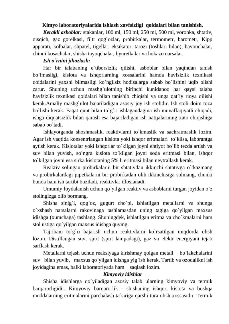 Kimyo laboratoriyalarida ishlash xavfsizligi qoidalari bilan tanishish