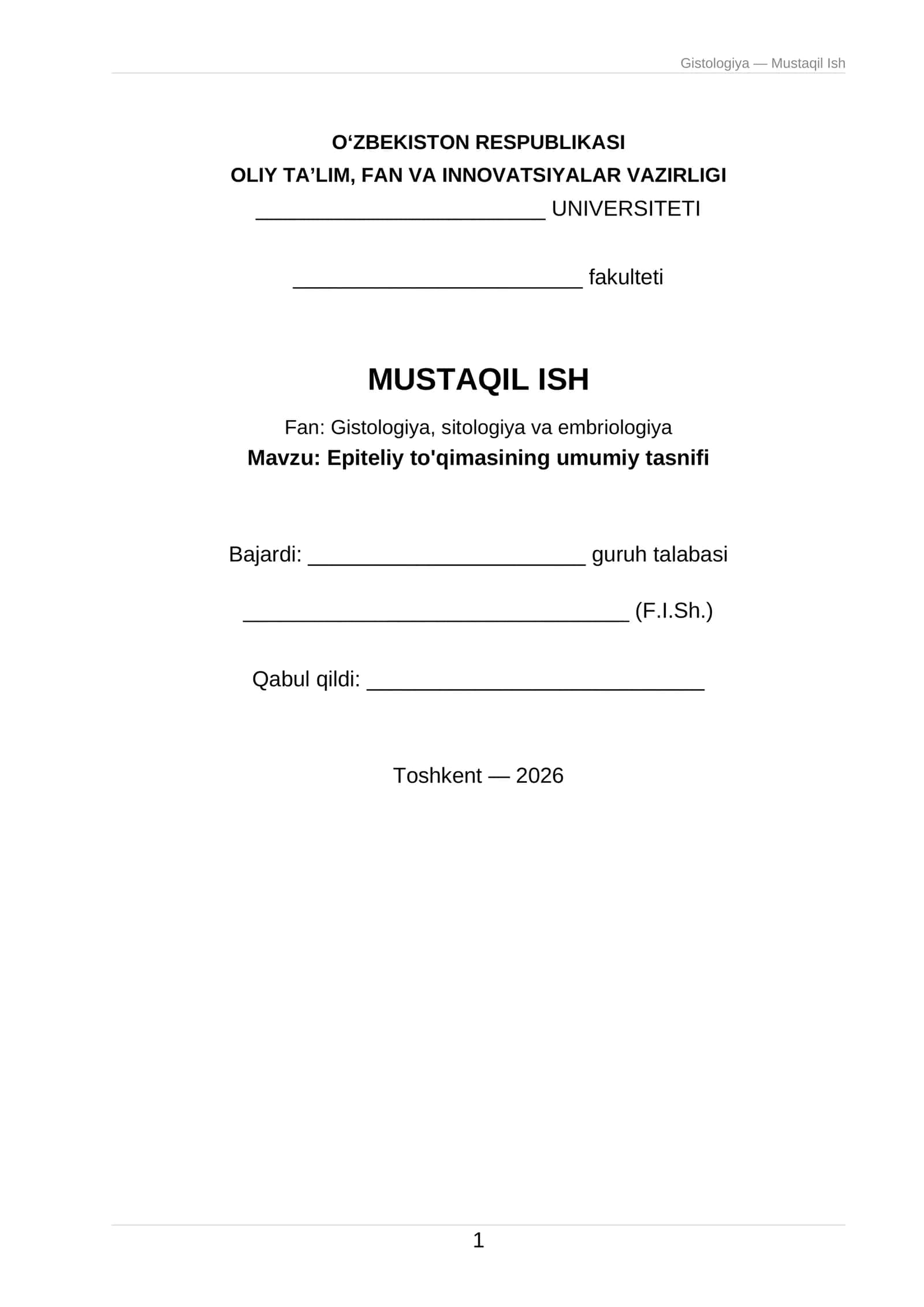 Epiteliy to'qimasining umumiy tasnifi