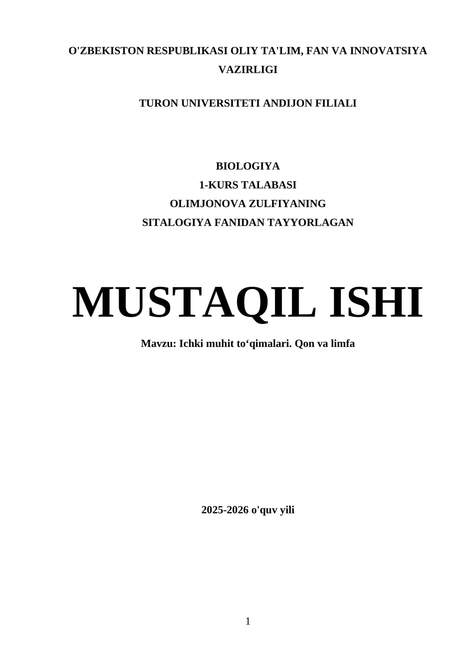 Ichki muhit toʻqimalari. Qon va limfa