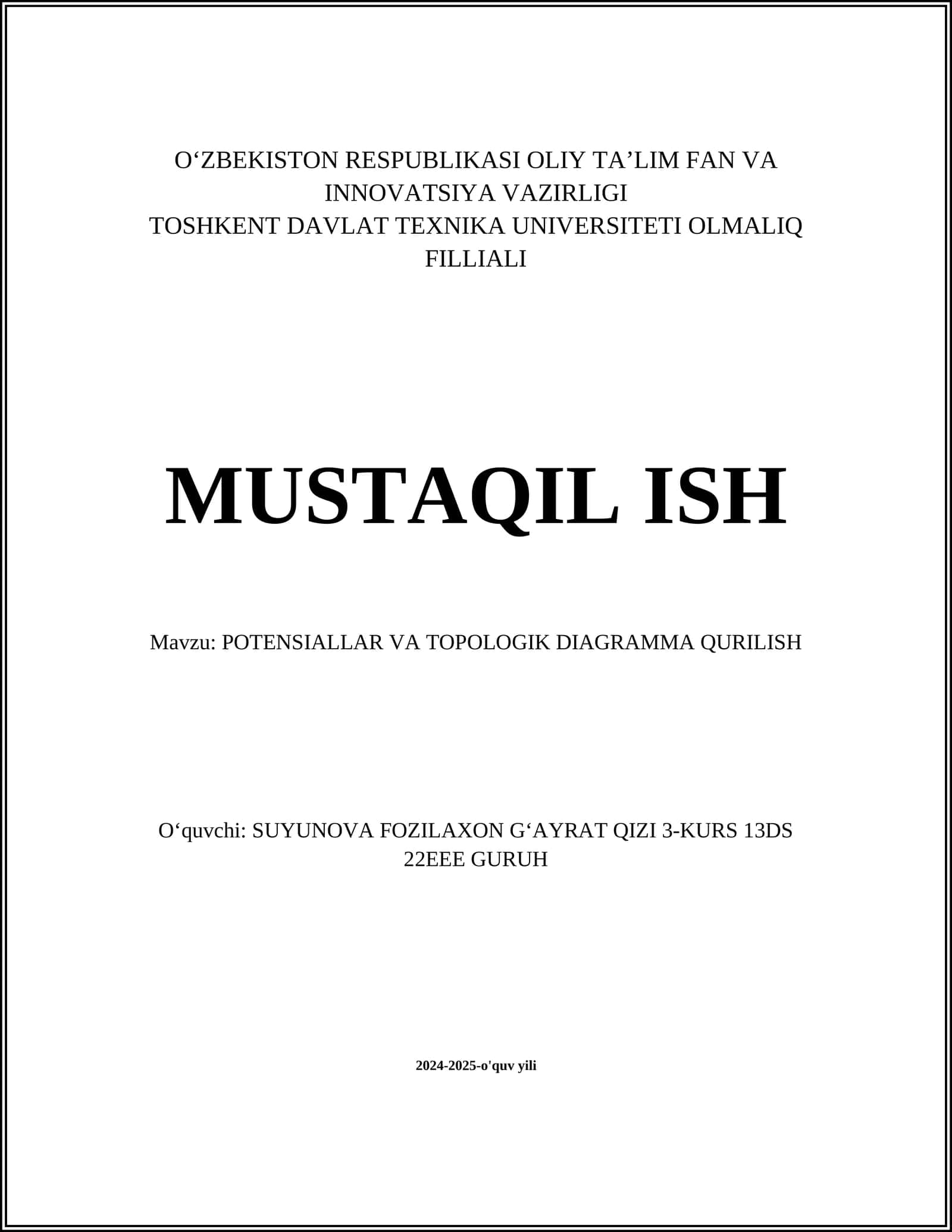 POTENSIALLAR VA TOPOLOGIK DIAGRAMMA QURILISH