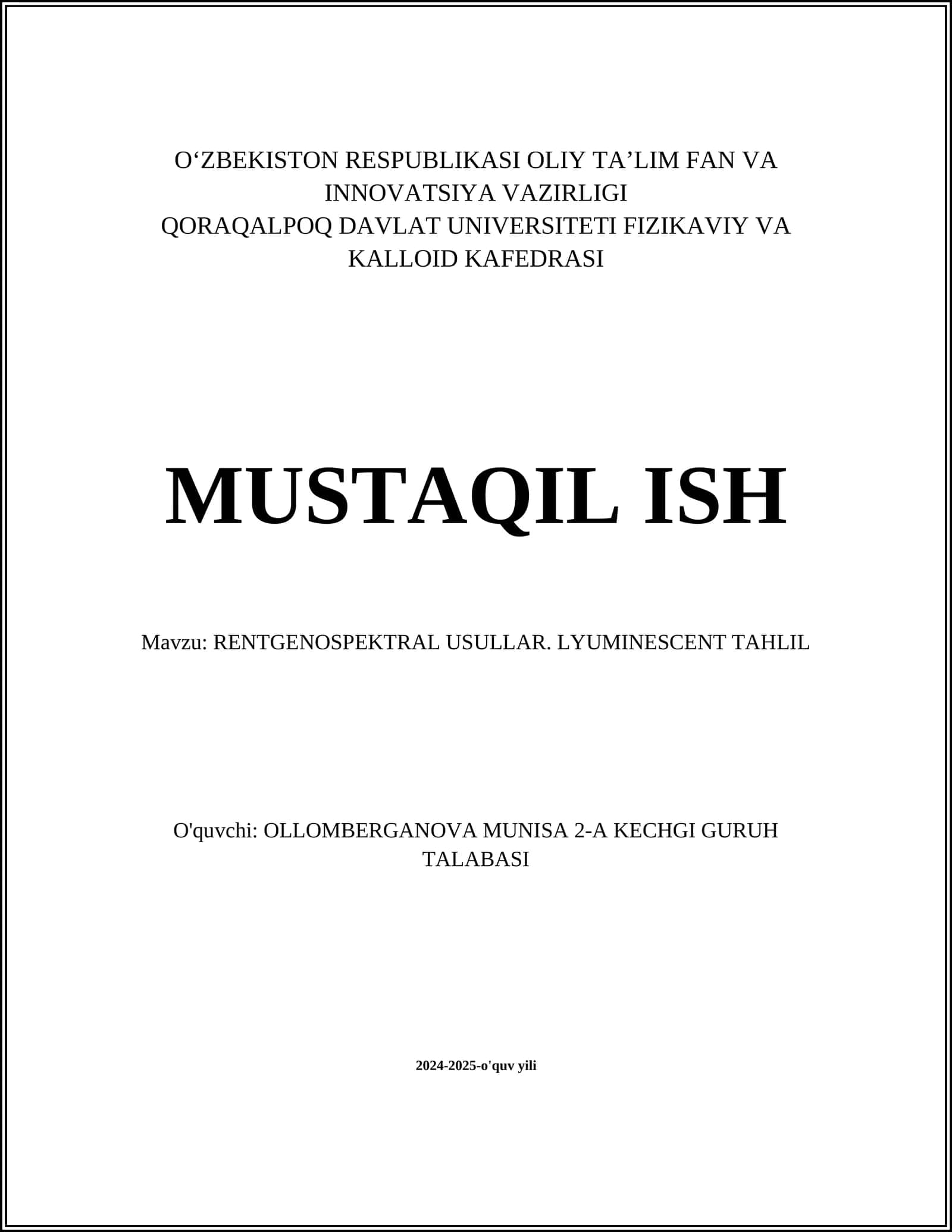 RENTGENOSPEKTRAL USULLAR. LYUMINESCENT TAHLIL