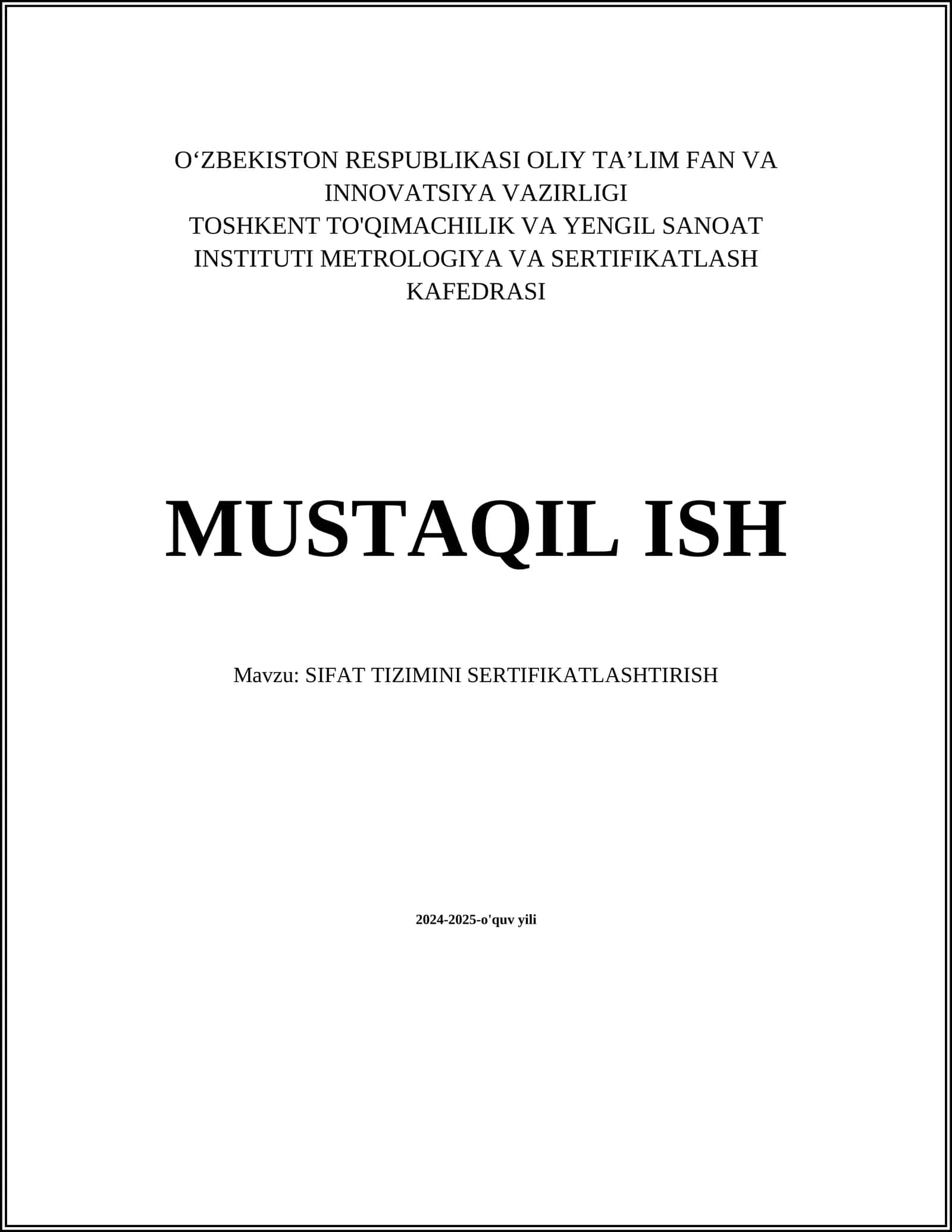 SIFAT TIZIMINI SERTIFIKATLASHTIRISH