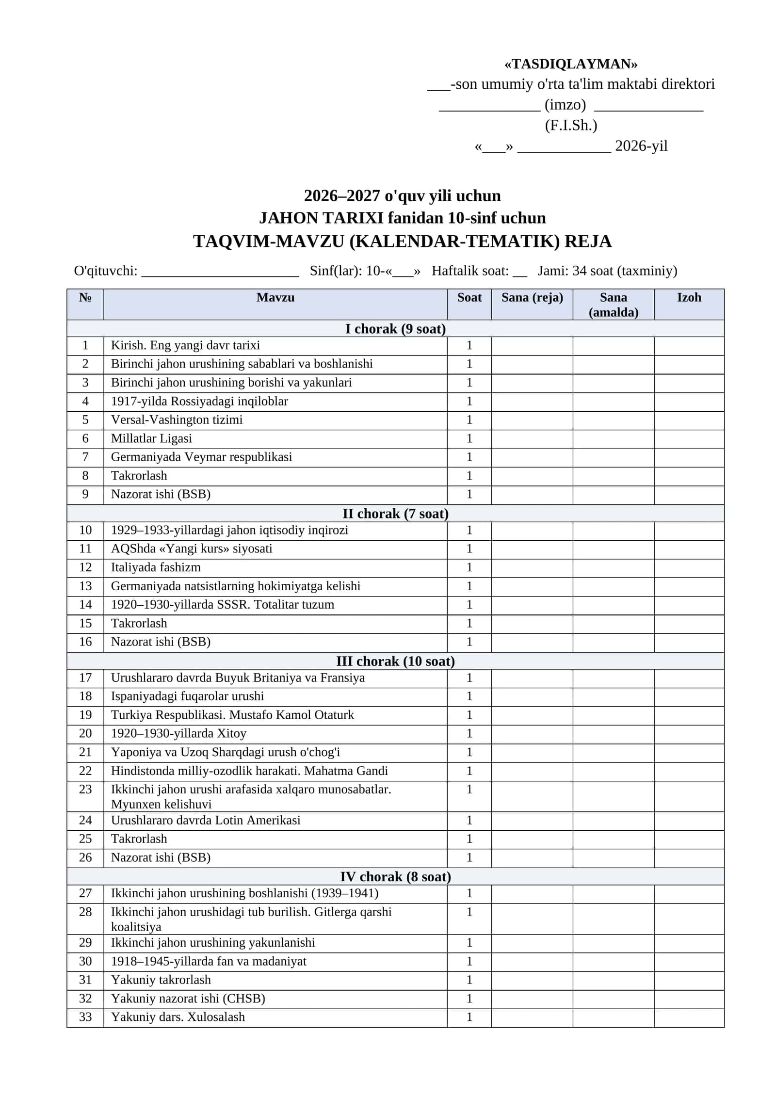 Kalendar tematik reja 2026-2027 10 sinf Jahon tarixi word tayyorgarlik toplami