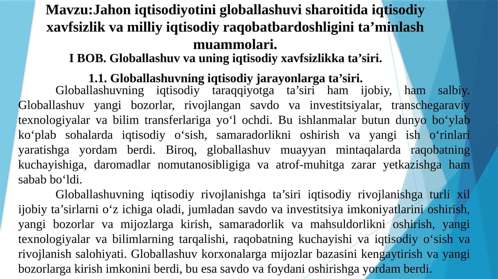 Jahon iqtisodiyotini glaballashuvi sharoitida iqtisodiy havfsizlik