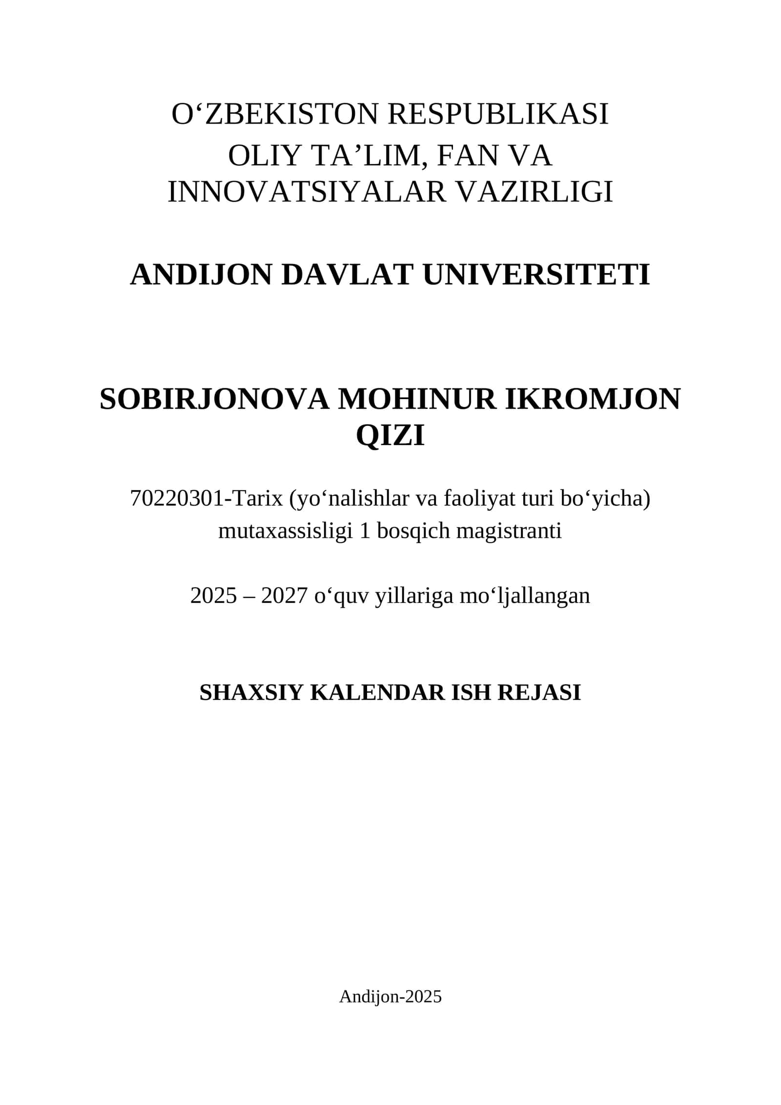 SHAXSIY KALENDAR ISH REJASI