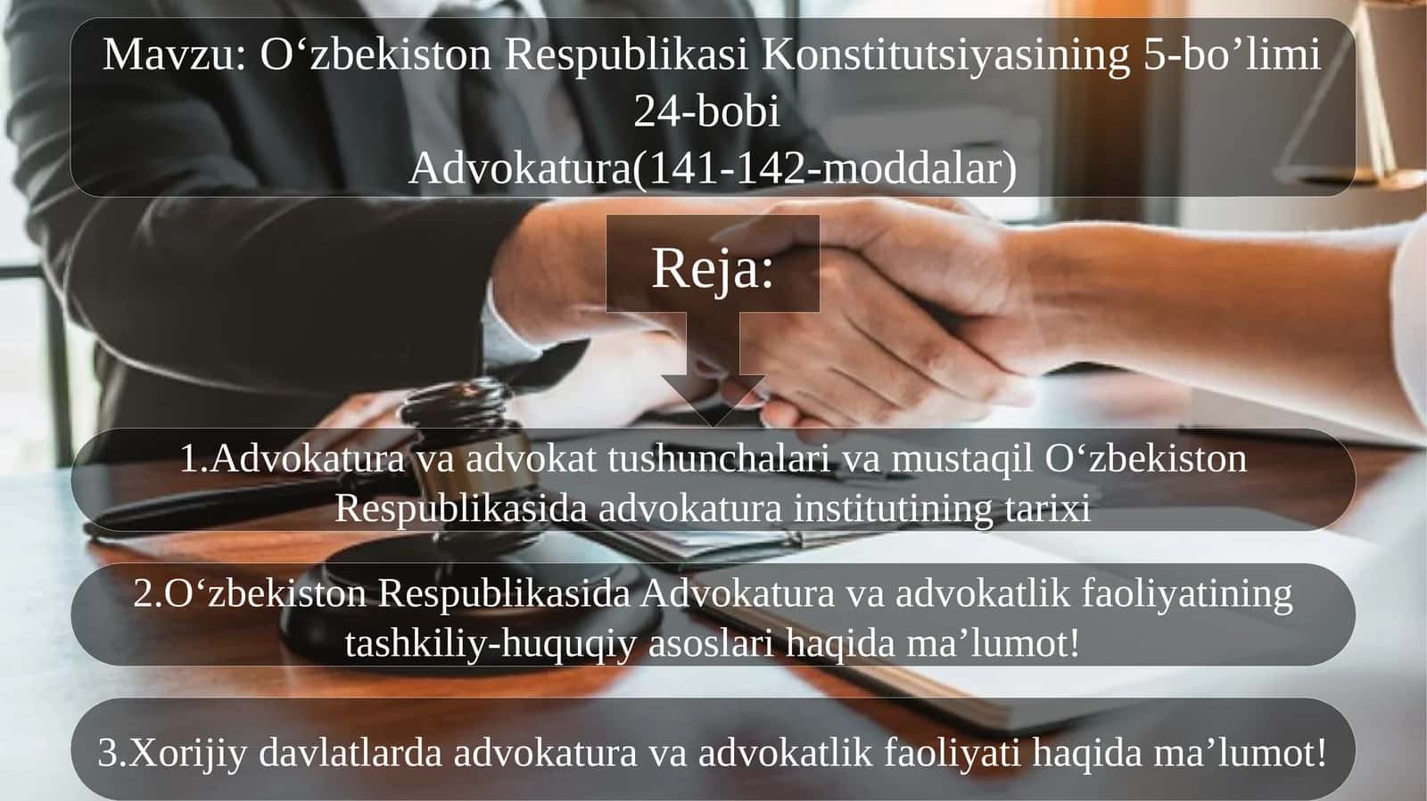O‘zbekiston Respublikasi Konstitutsiyasining 5-bo’limi 24-bobi Advokatura(141-142-moddalar)