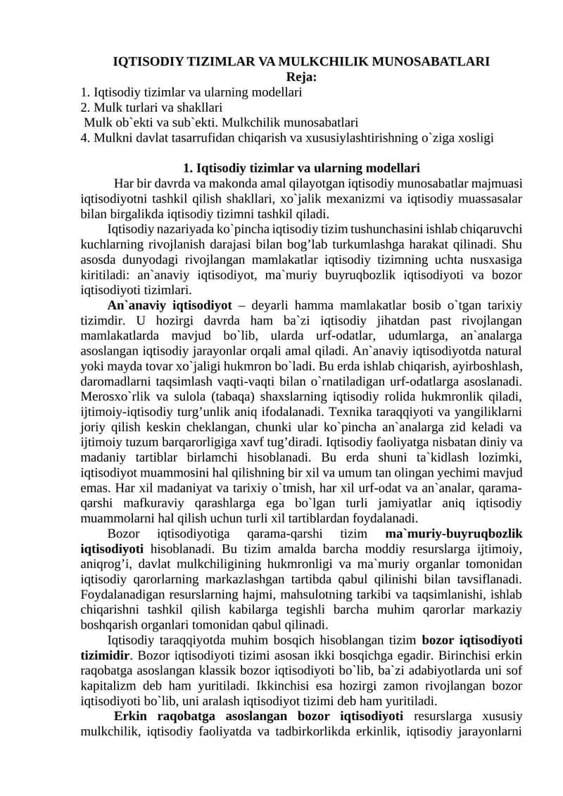 IQTISODIY TIZIMLAR VA MULKCHILIK MUNOSABATLARI