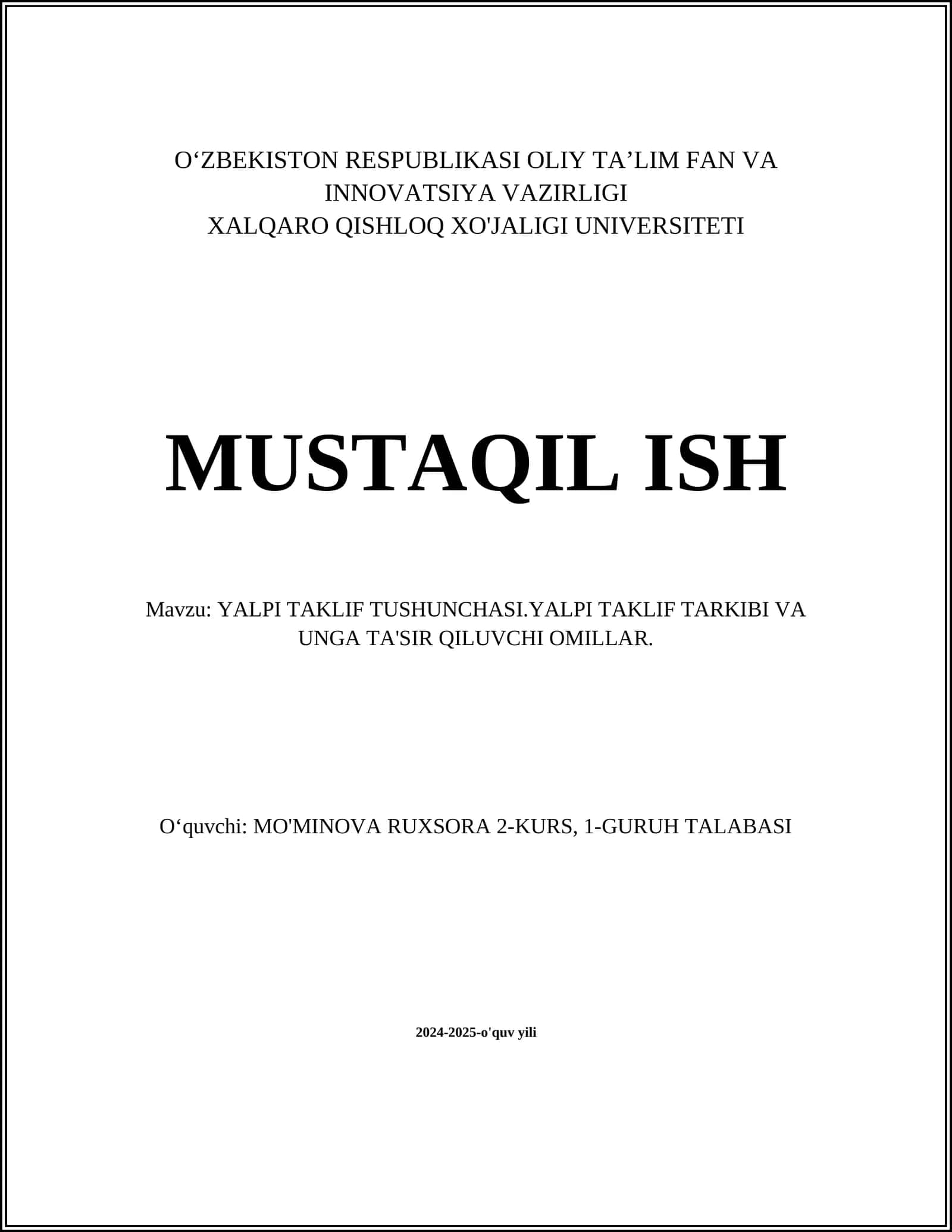 Yalpi Taklif Tushunchasi