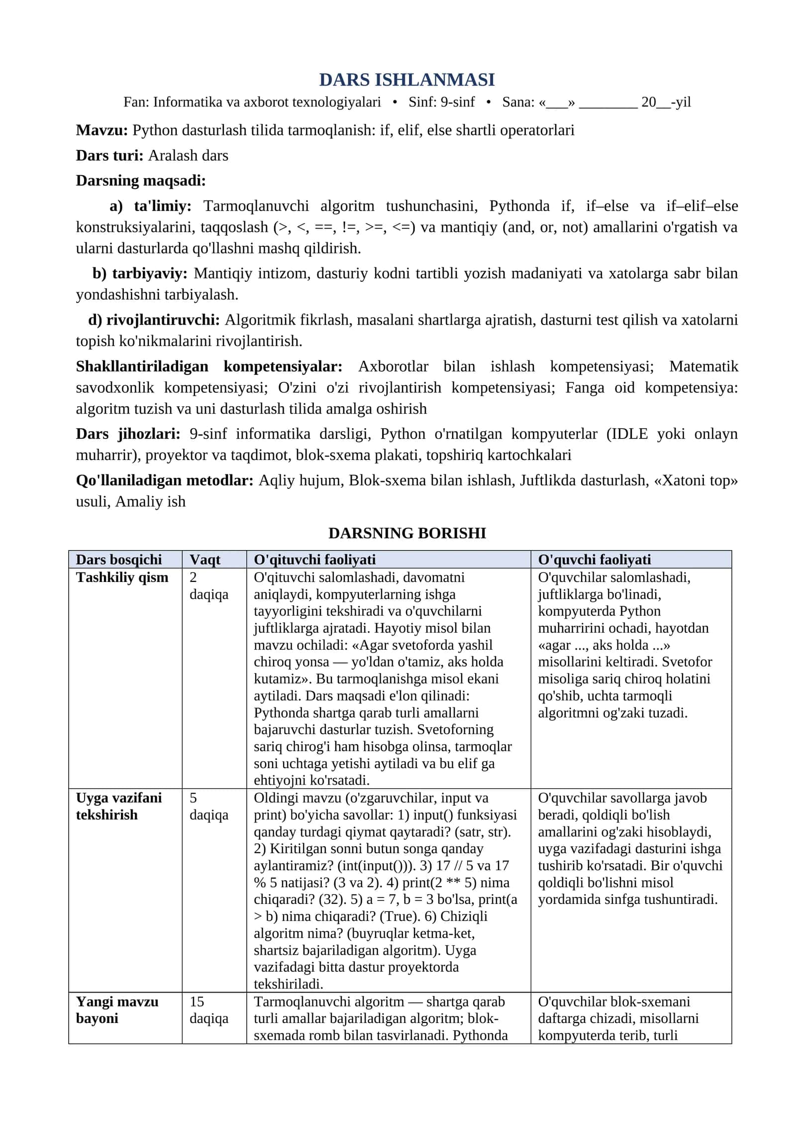 9 sinf Informatika va axborot texnologiyalari dars ishlanma Python dasturlash tilida tarmoqlanish if elif