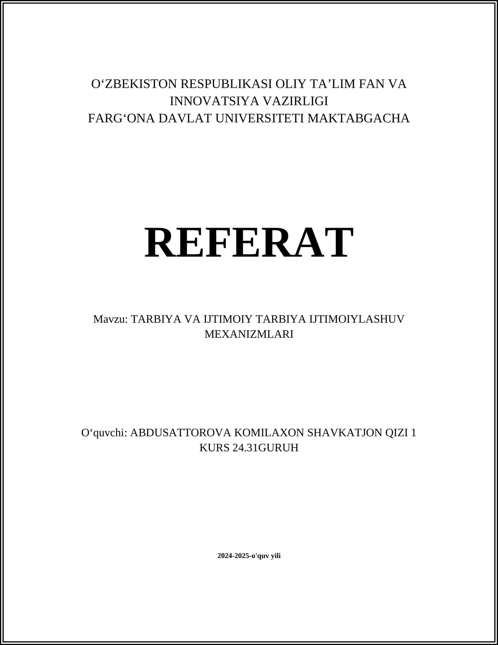 TARBIYA VA IJTIMOIY TARBIYA IJTIMOIYLASHUV MEXANIZMLARI REFERAT