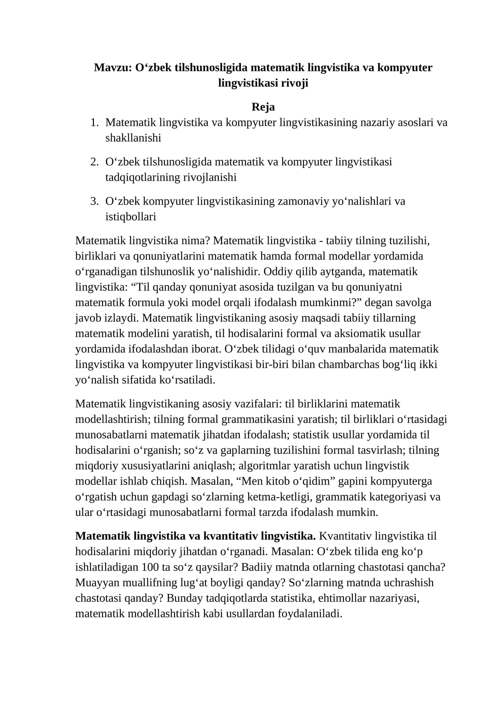 O‘zbek tilshunosligida matematik lingvistika va kompyuter lingvistikasi rivoji