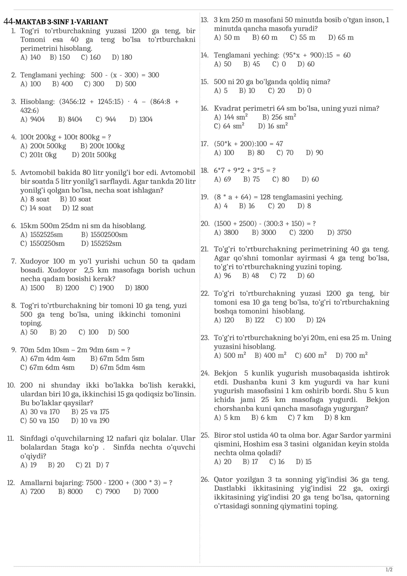 matematika 3-sinf test