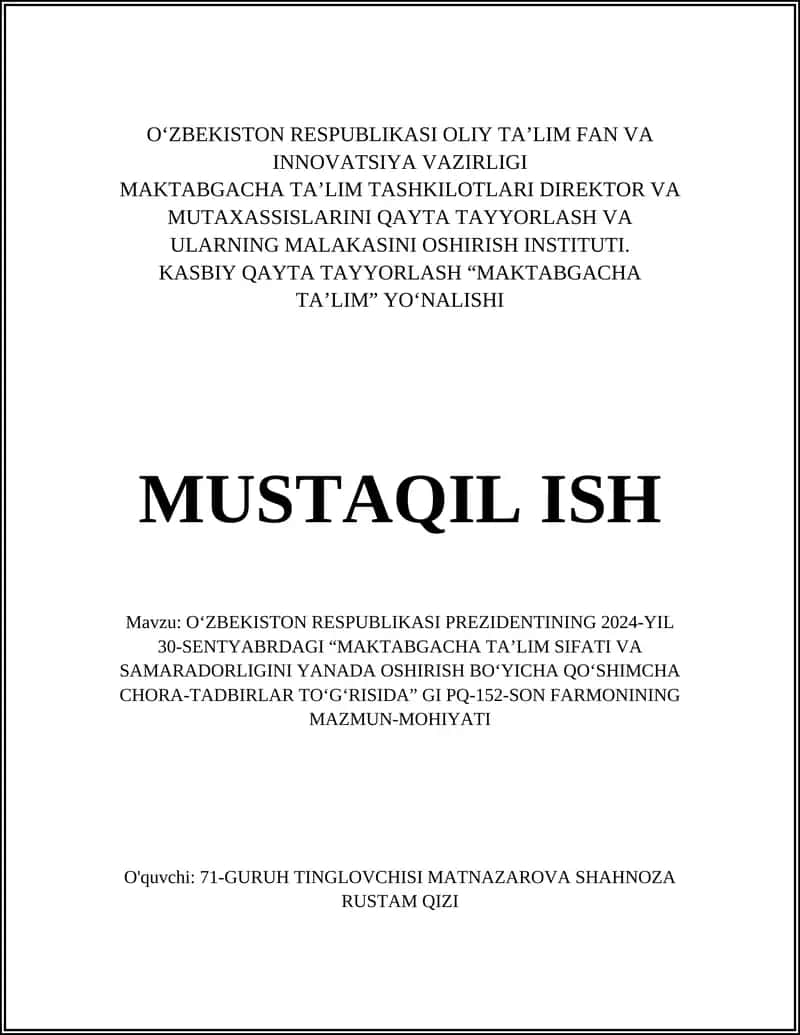 O'ZBEKISTON RESPUBLIKASI PREZIDENTINING 2024-YIL 30-SENTYABRDAGI MAKTABGACHA TA'LIM SIFATI
