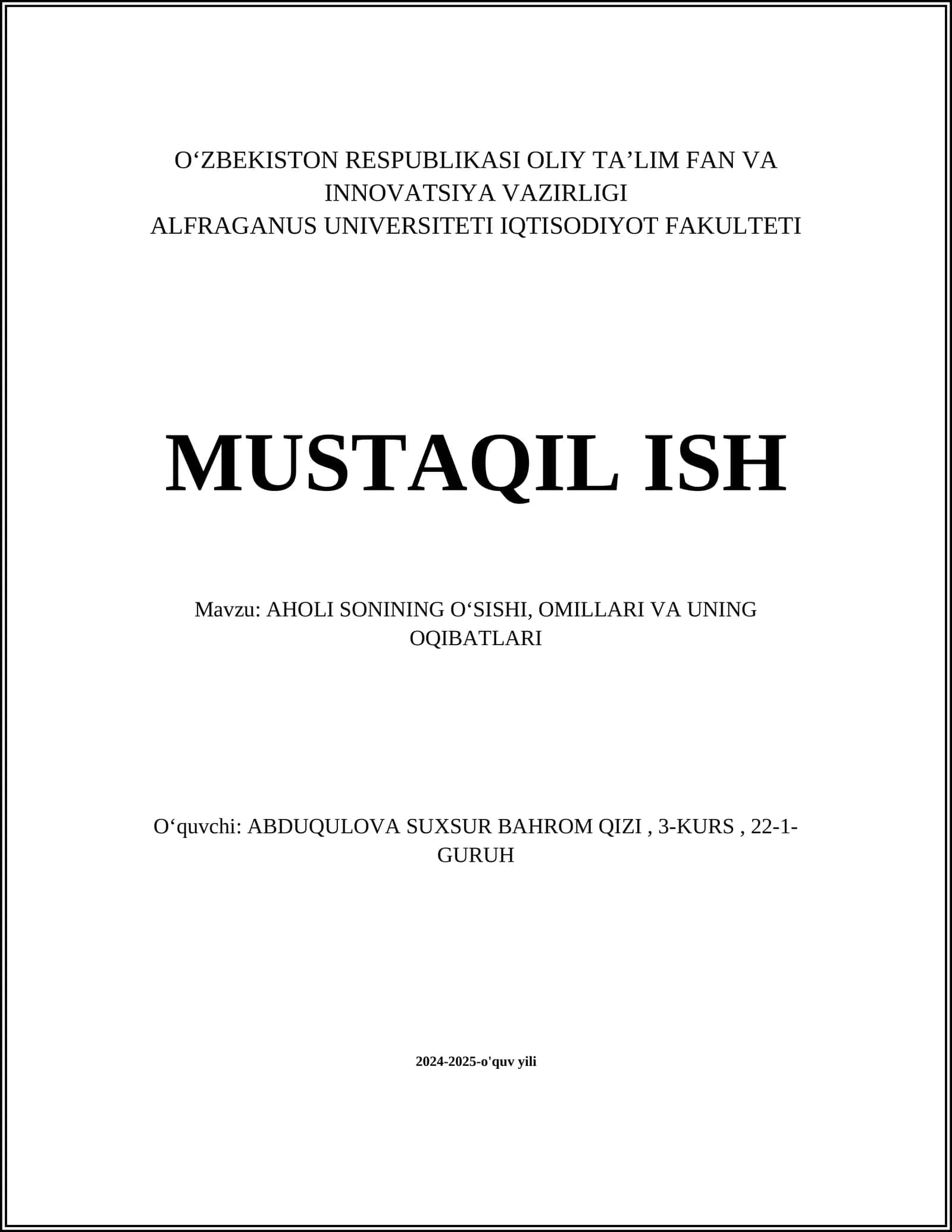 AHOLi SONINING OʻSISHI, OMILLARI VA UNING OQIBATLARI