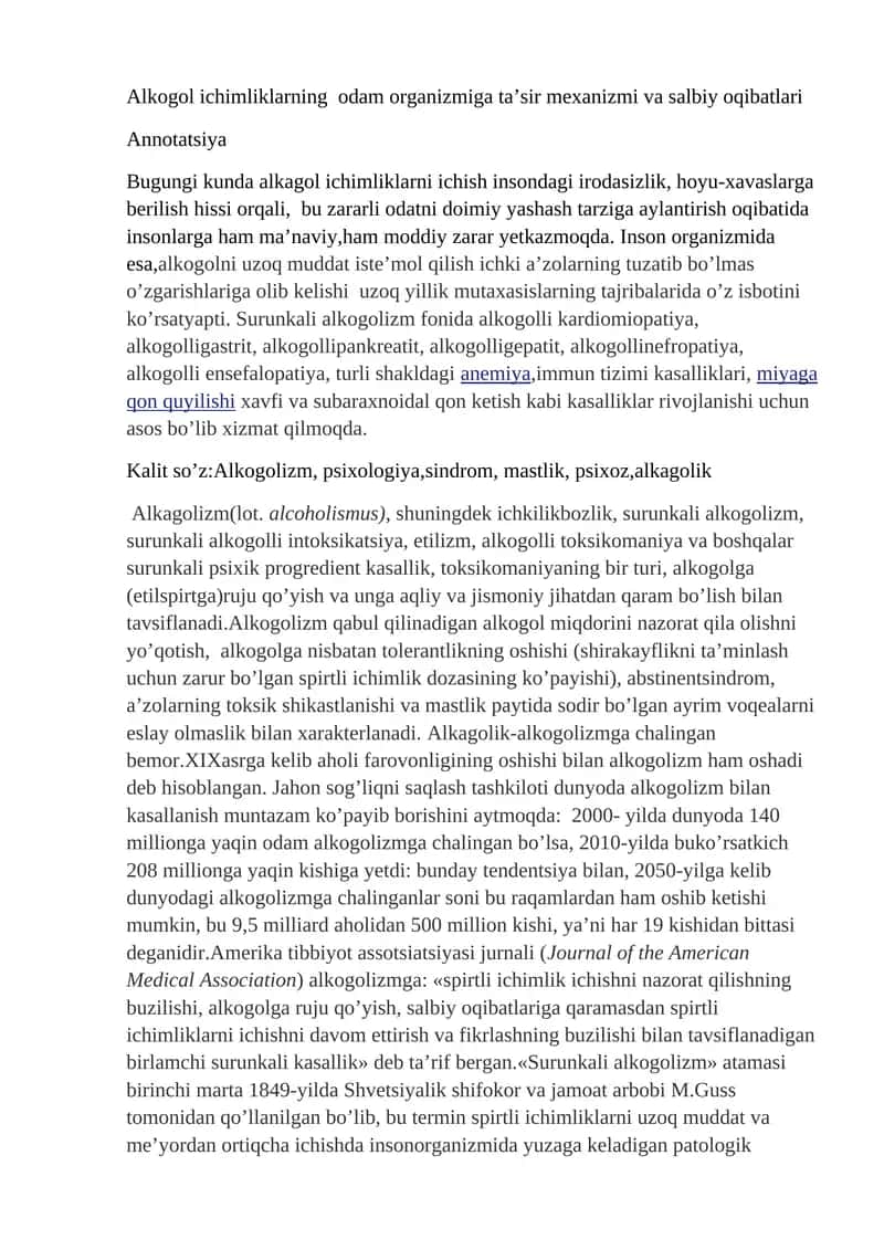 Alkogol ichimliklarning odam organizmiga ta’sir mexanizmi va salbiy oqibatlari