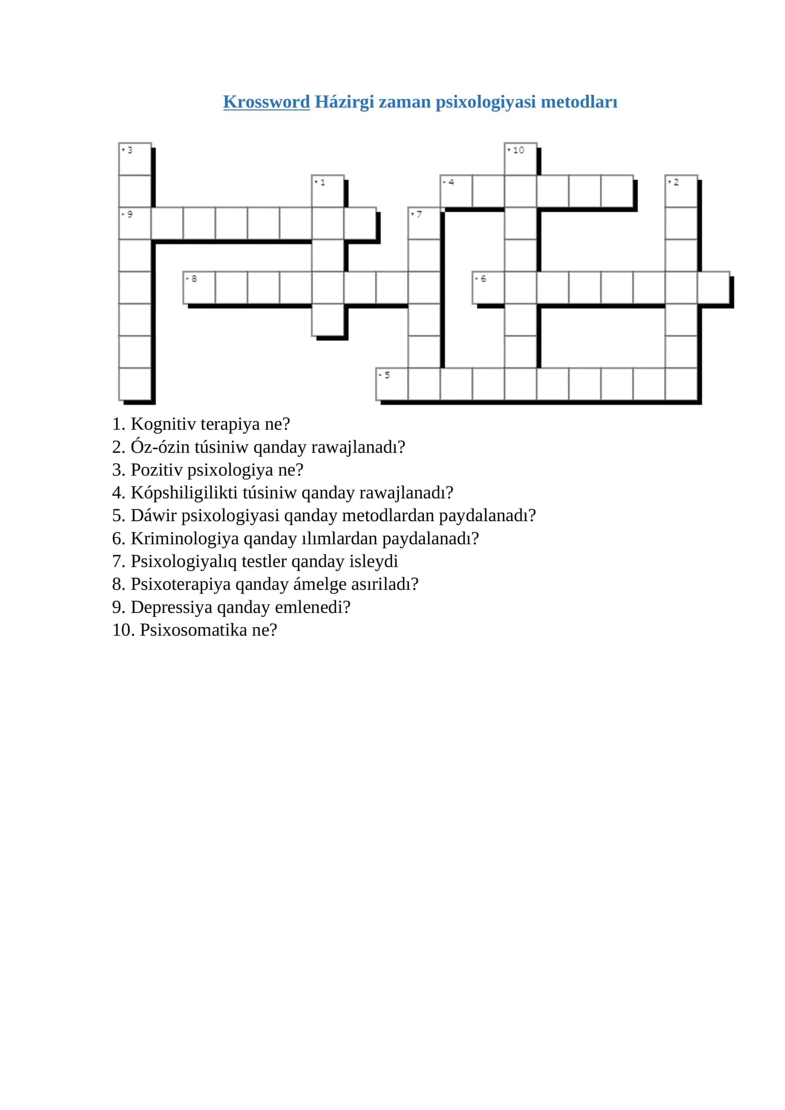 Krossword Házirgi zaman psixologiyasi metodları