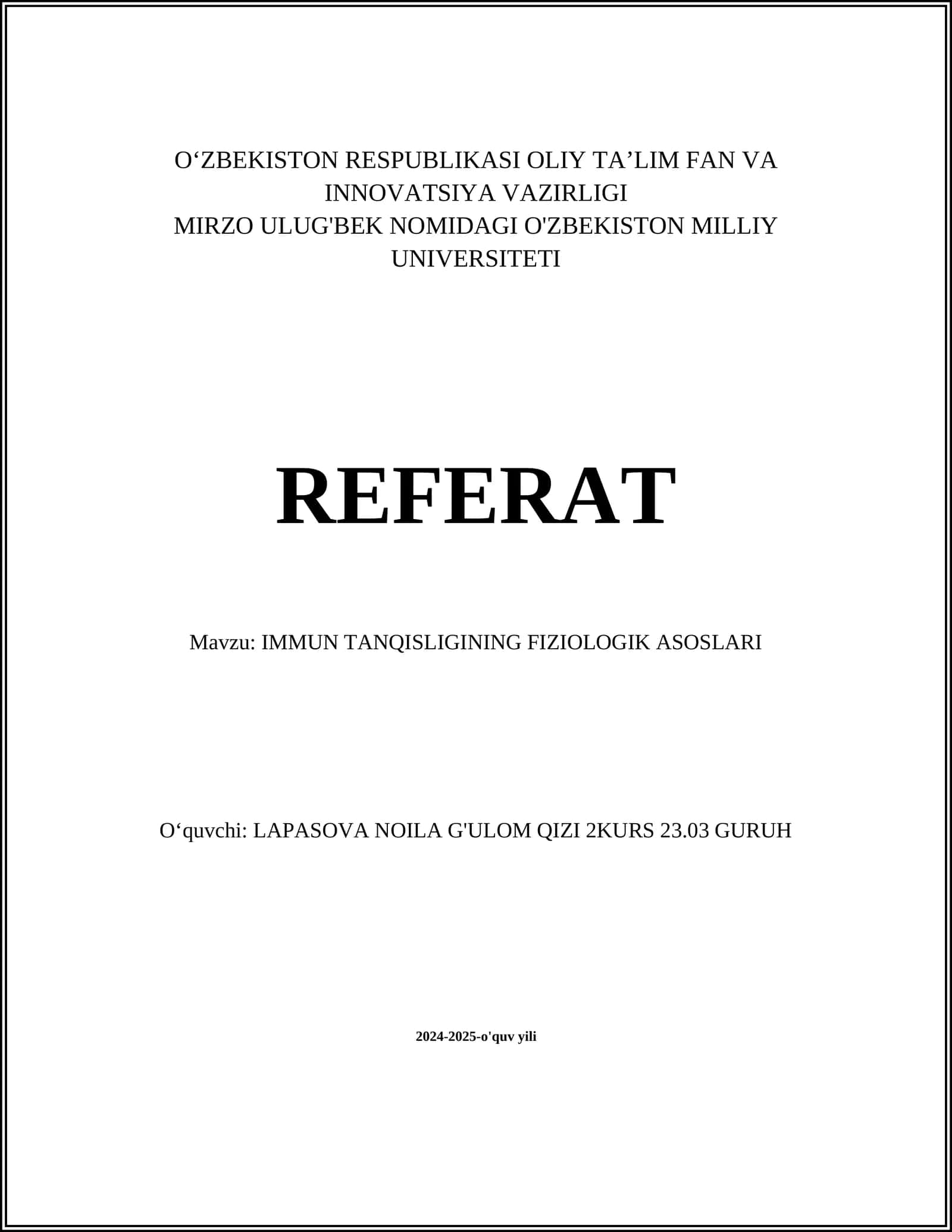 IMMUN TANQISLIGINING FIZIOLOGIK ASOSLARI