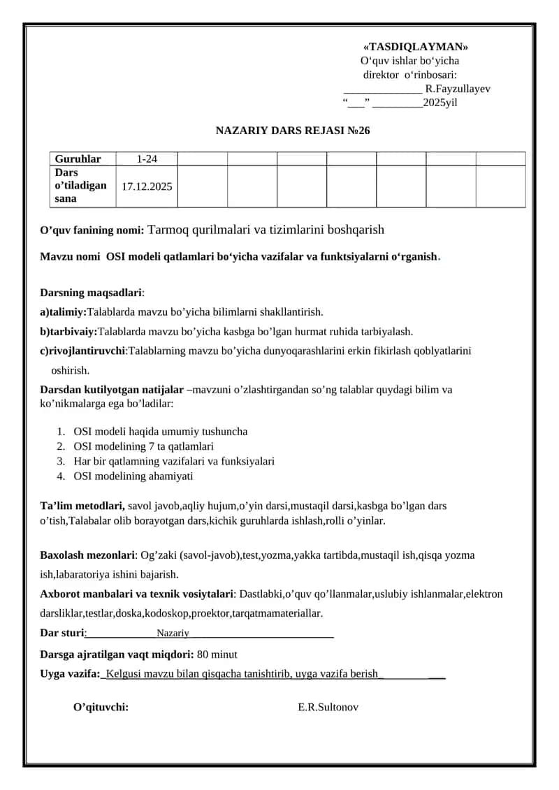 OSI modeli qatlamlari bo‘yicha vazifalar va funktsiyalarni o‘rganish