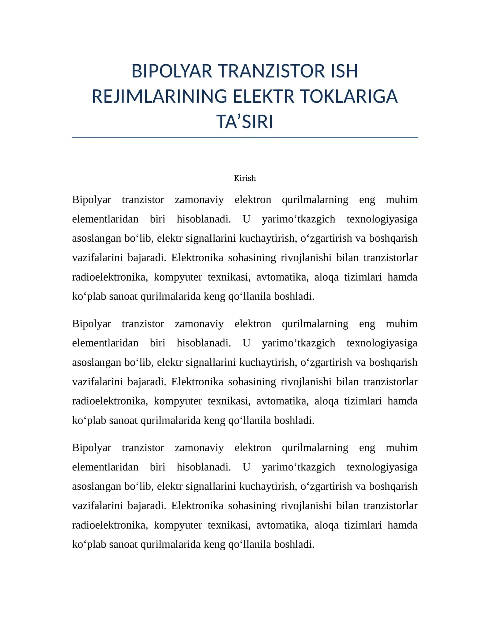 Bipolyar tranzistor ish rejimlarining elektr toklariga ta’siri