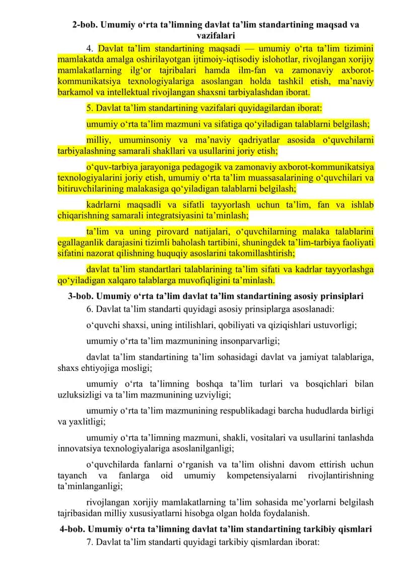 Umumiy o‘rta ta’limning davlat ta’lim standartining maqsad va vazifalari