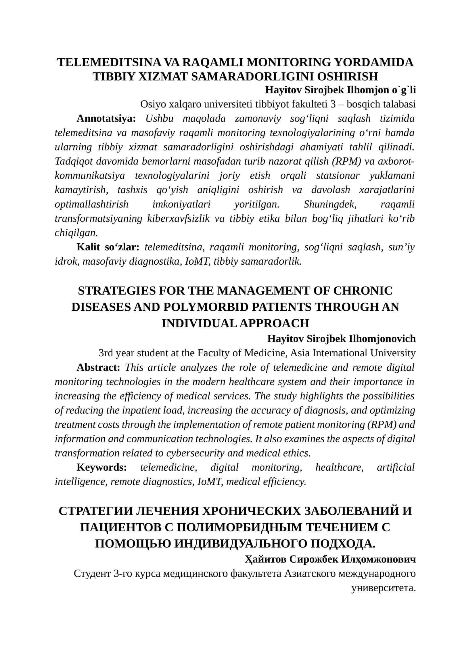 TELEMEDITSINA VA RAQAMLI MONITORING YORDAMIDA TIBBIY XIZMAT SAMARADORLIGINI OSHIRISH