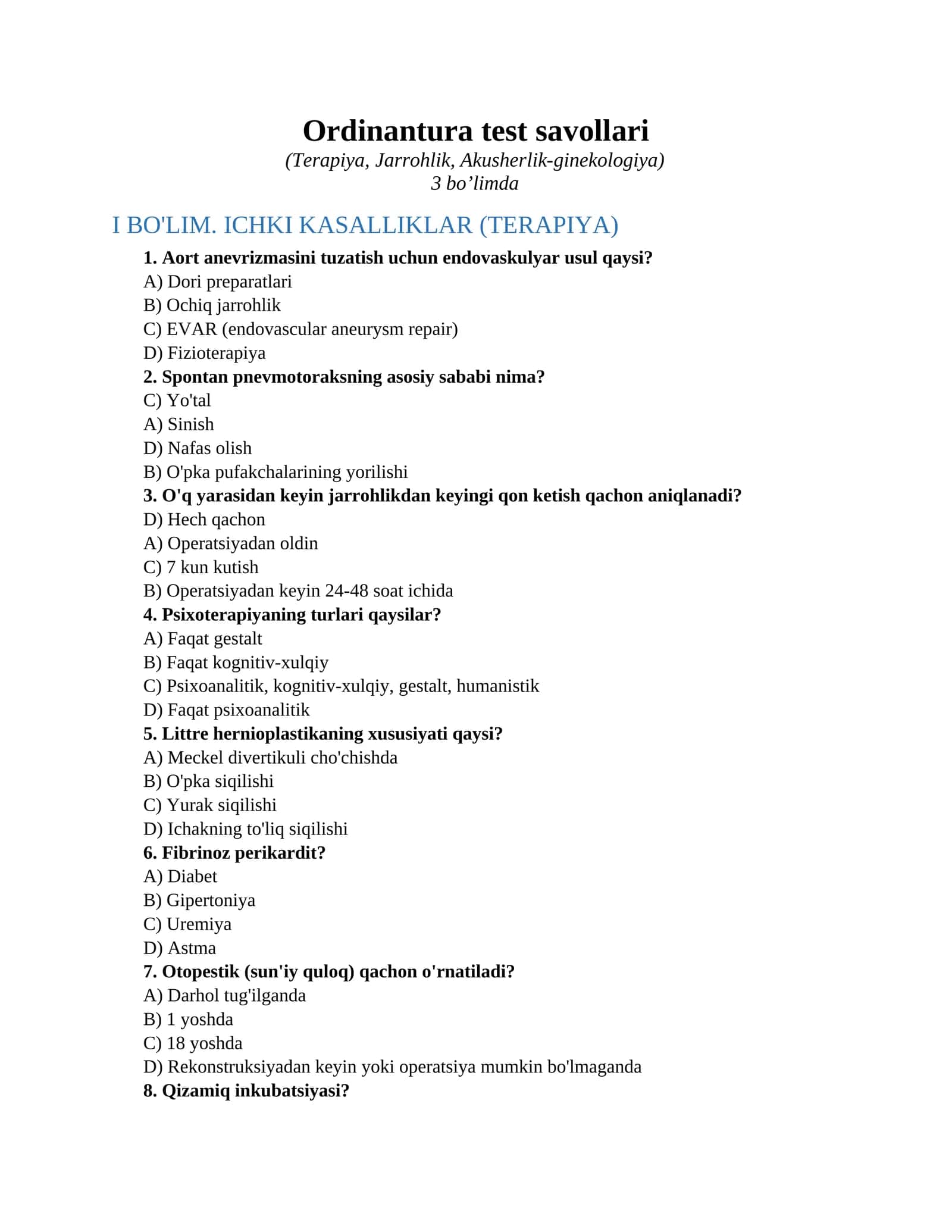 Ordinantura test savollari