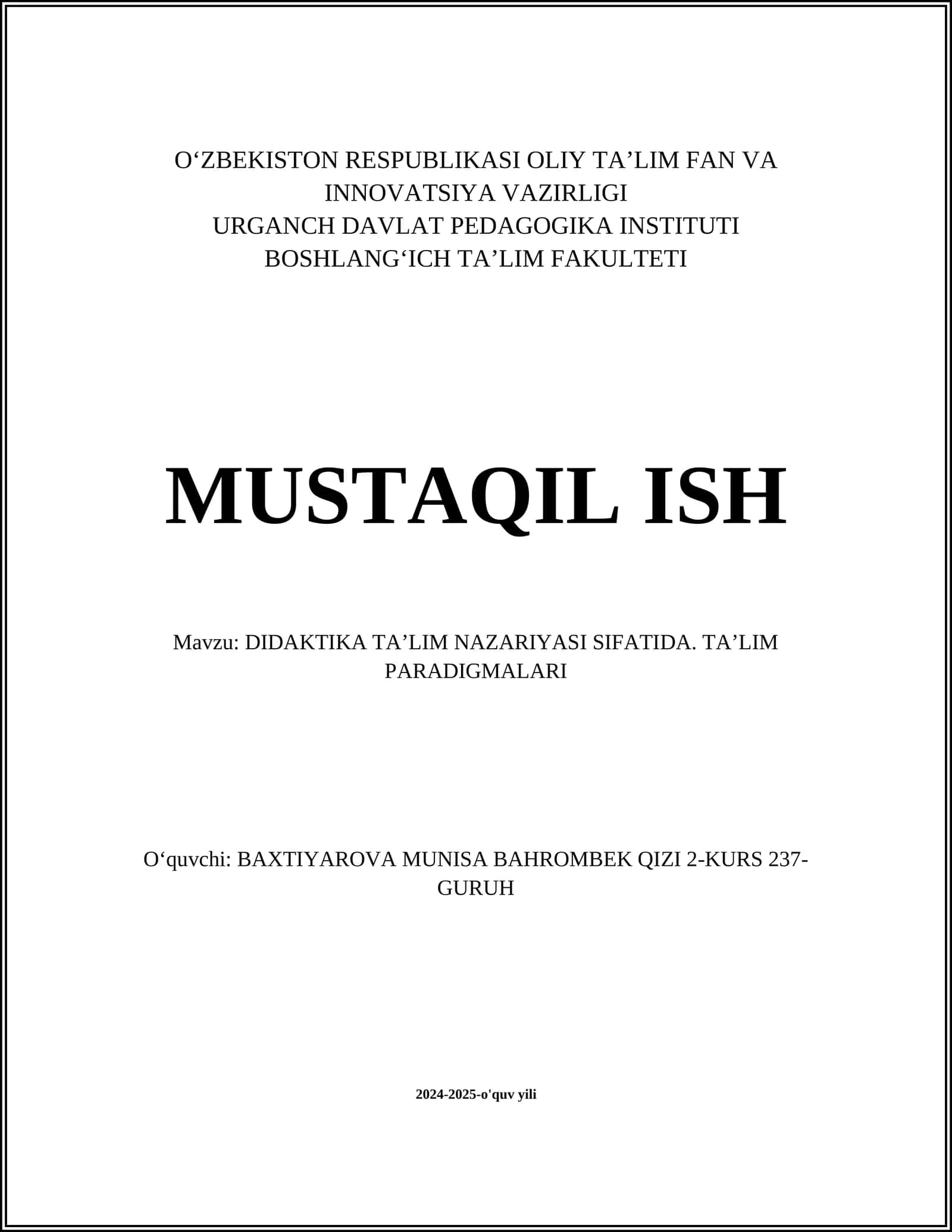 DIDAKTIKA TAʼLIM NAZARIYASI SIFATIDA. TAʼLIM PARADIGMALARI