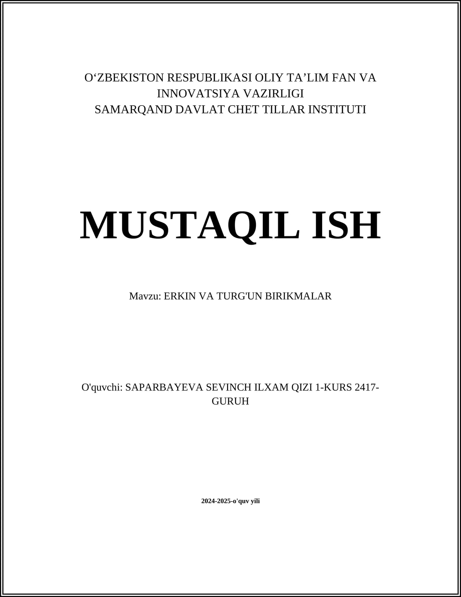 ERKIN VA TURG'UN BIRIKMALAR