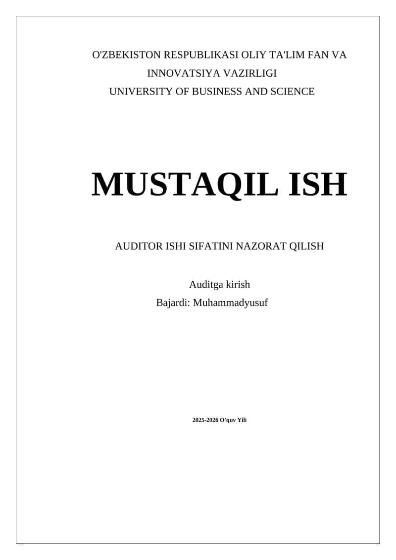 Auditor Ishi Sifatini Nazorat Qilish