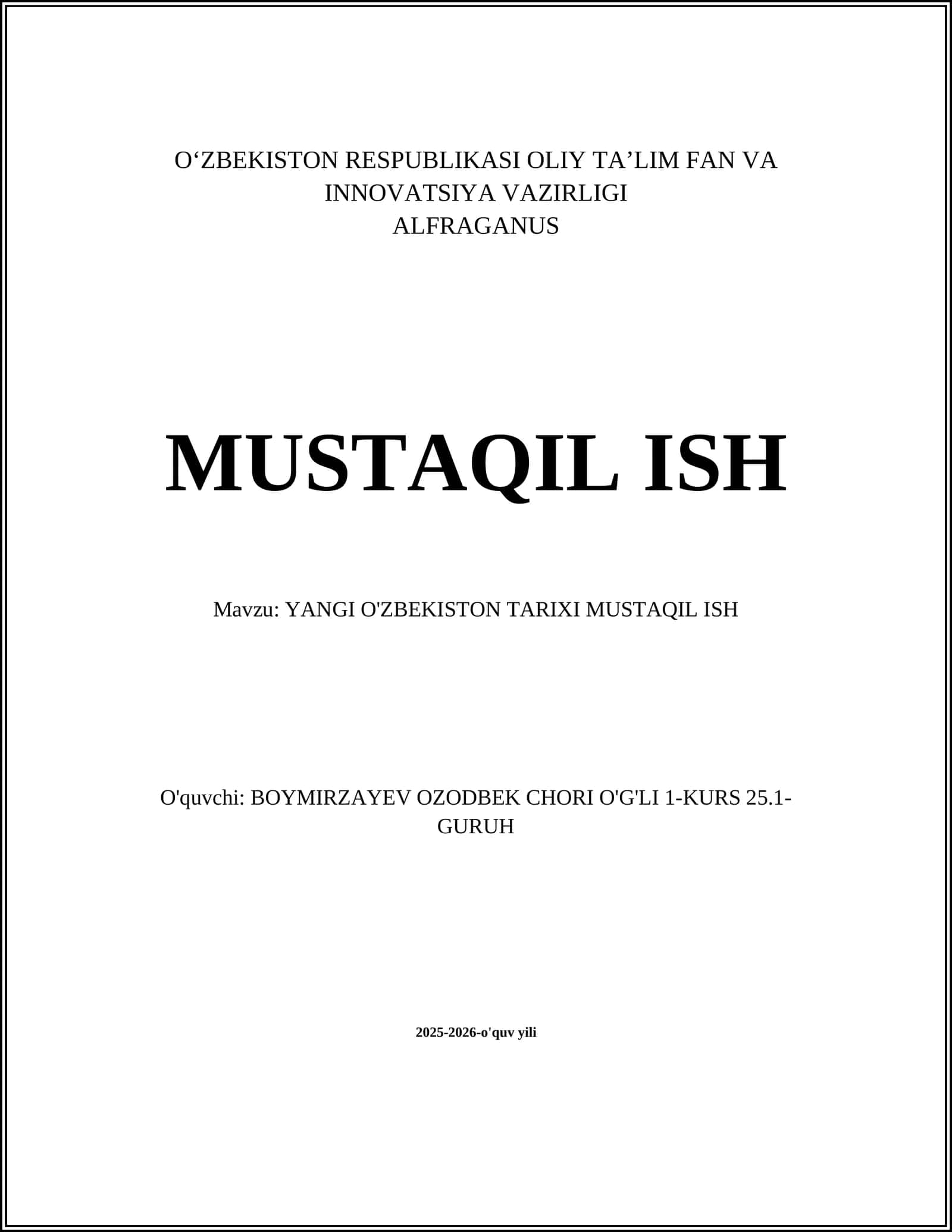 YANGI O'ZBEKISTON TARIXI MUSTAQIL ISH