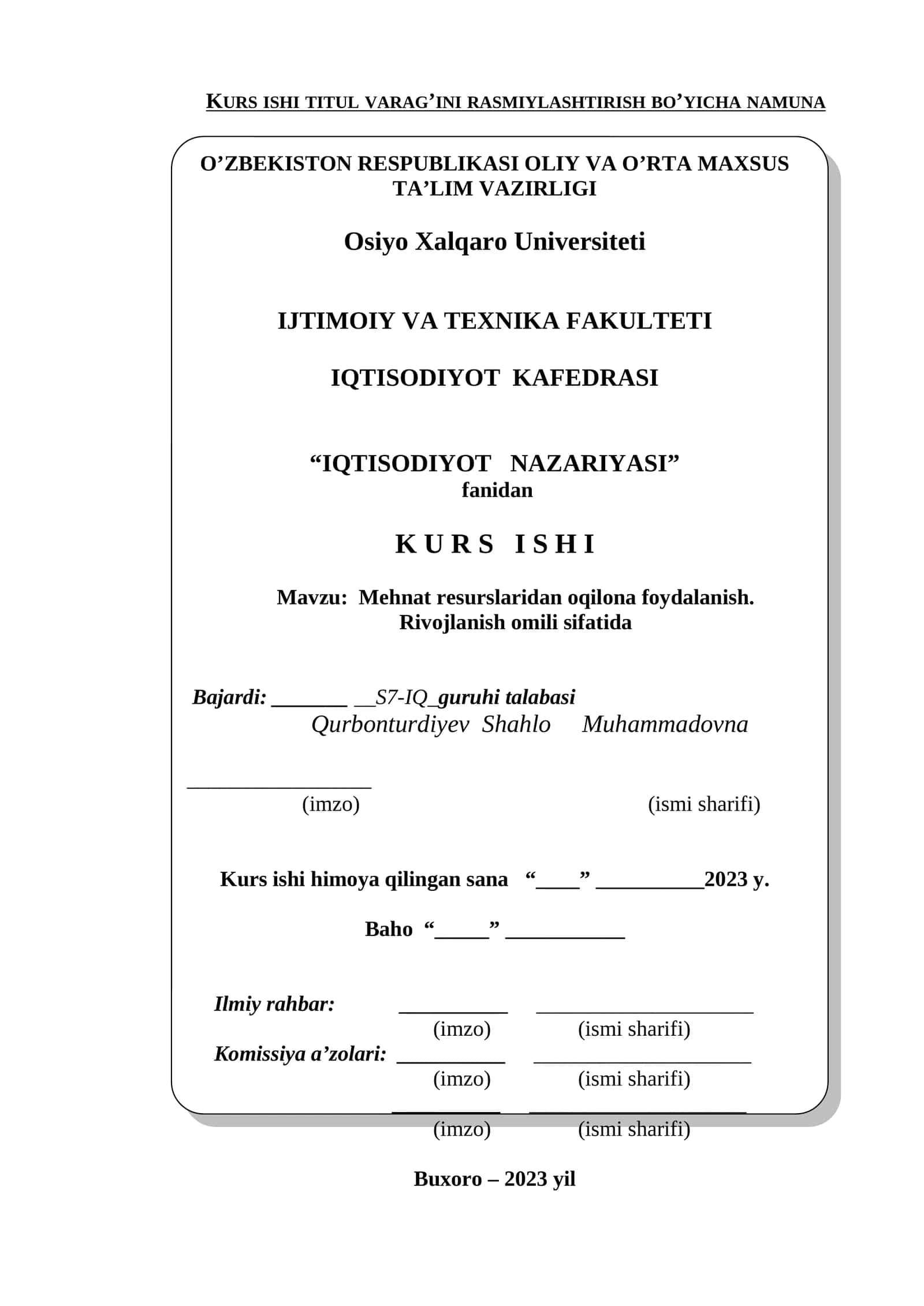 Kurs ishi titul varag’ini rasmiylashtirish bo’yicha namuna