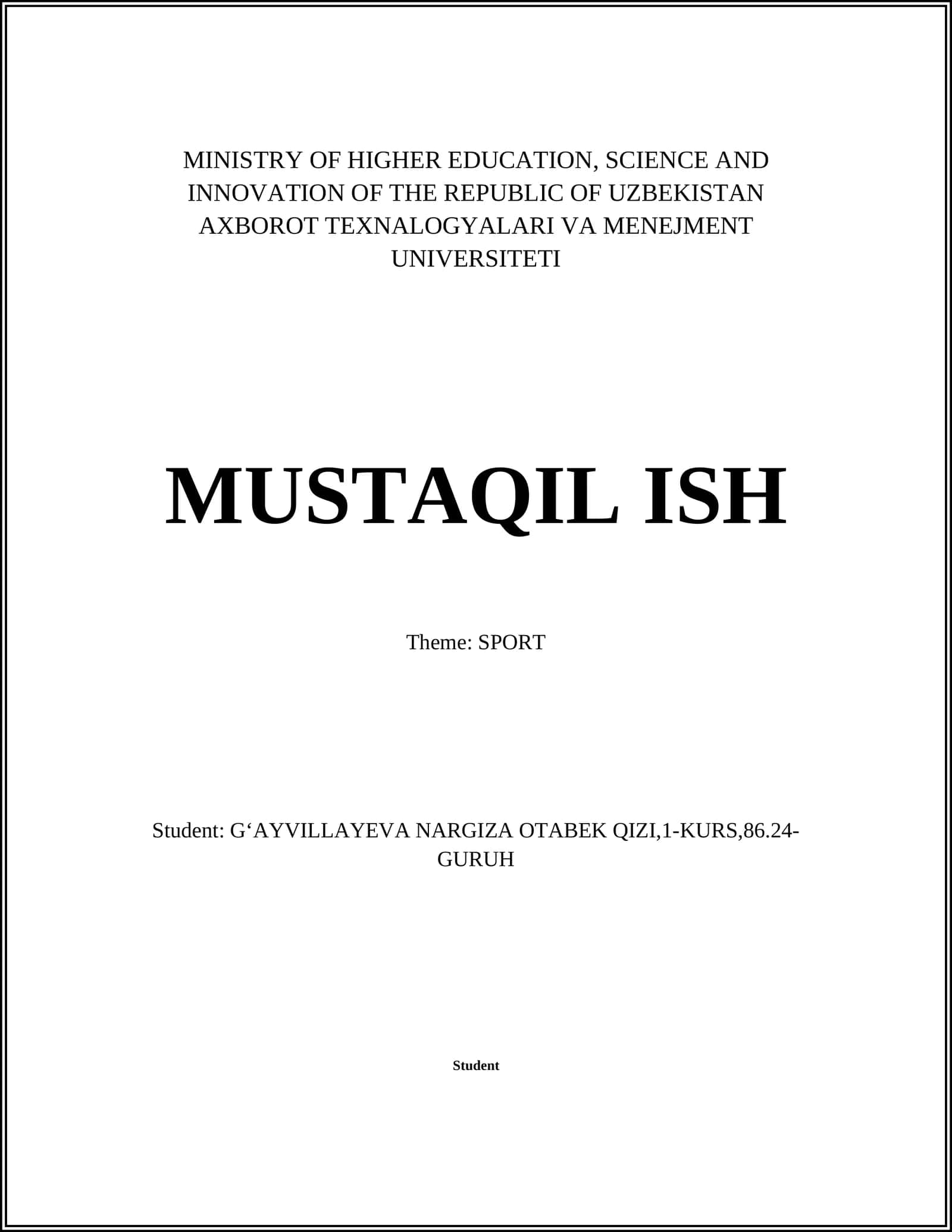 AXBOROT TEXNALOGYALARI VA MENEJMENT UNIVERSITETI MUSTAQIL ISH