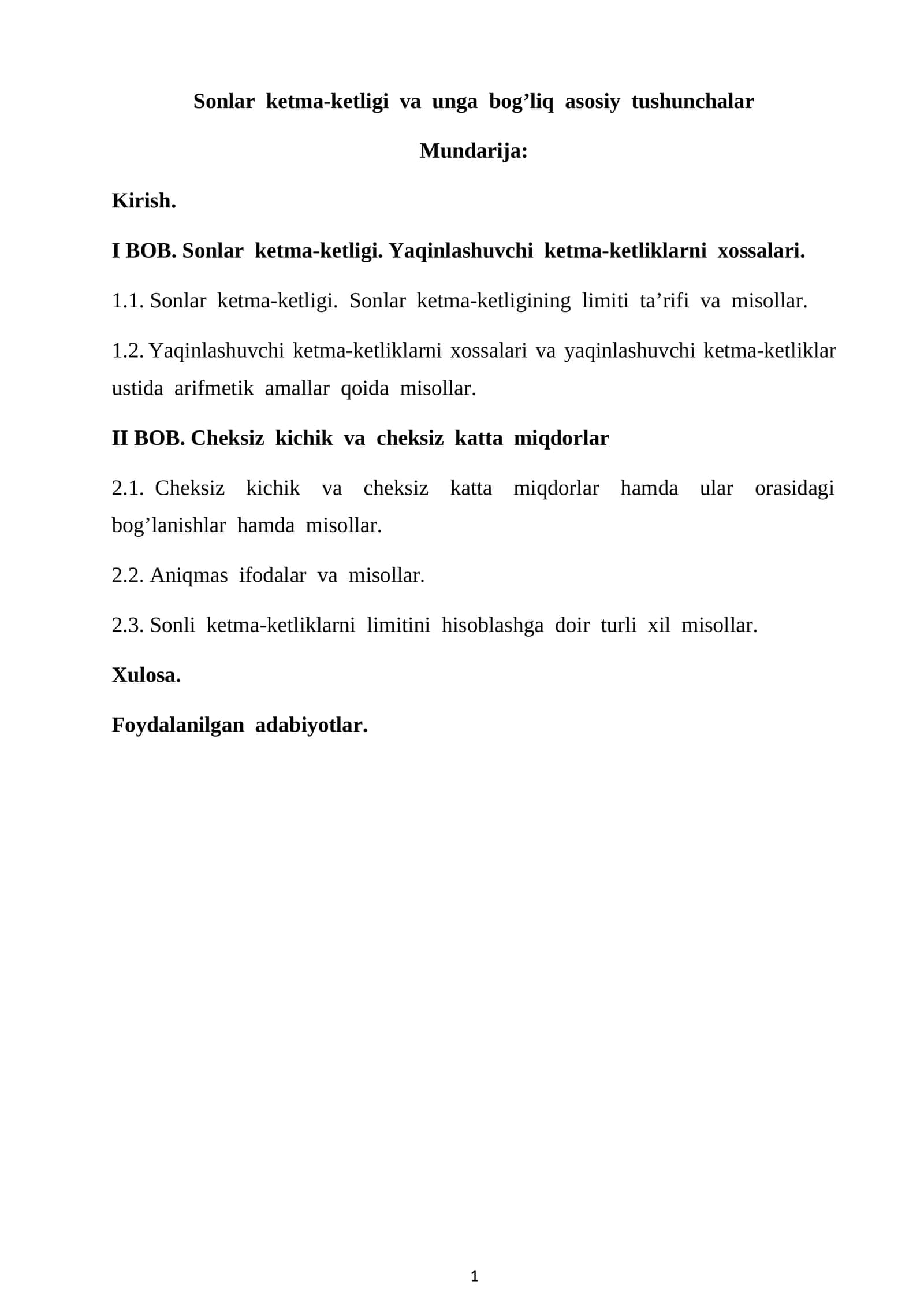 Sonlar ketma-ketligi va unga bog’liq asosiy tushunchalar