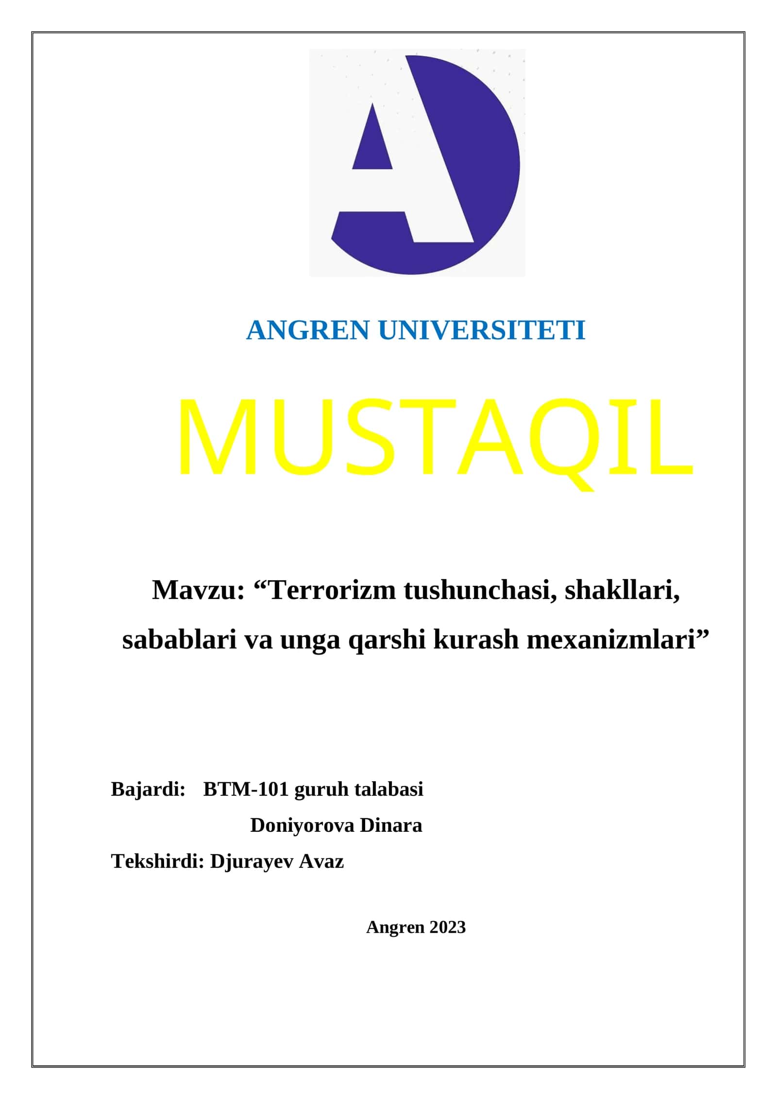 “Terrorizm tushunchasi, shakllari, sabablari va unga qarshi kurash mexanizmlari”