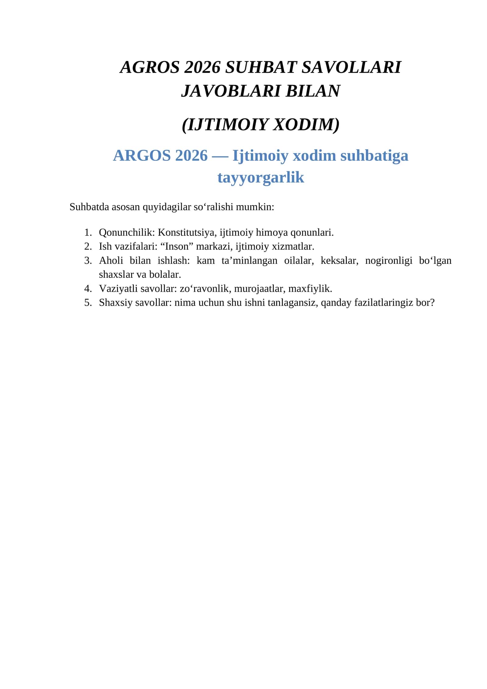 AGROS 2026 SUHBAT SAVOLLARI JAVOBLARI BILAN
