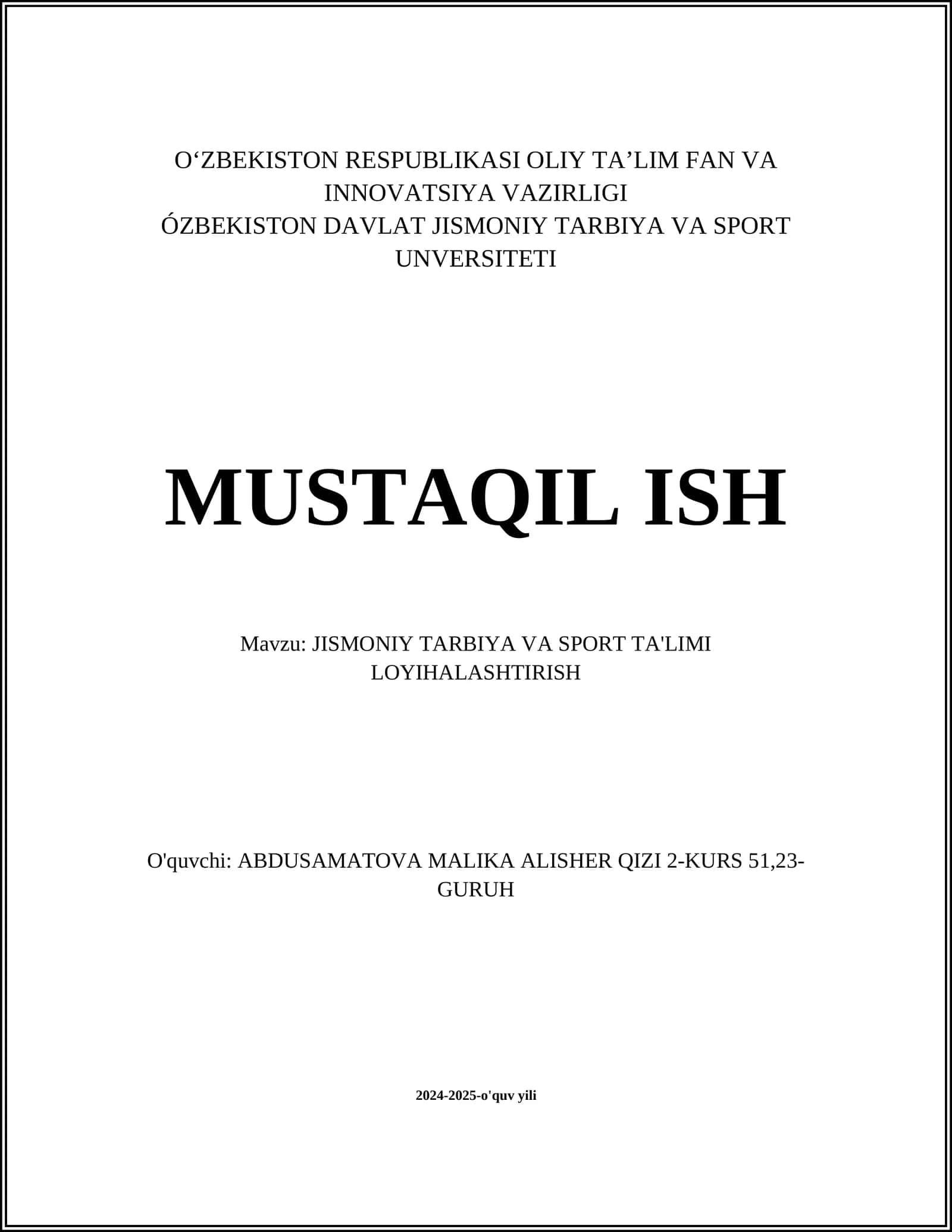 JISMONIY TARBIYA VA SPORT TA'LIMI LOYIHALASHTIRISH