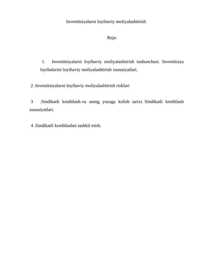 Investitsiyalarni loyihaviy moliyalashtirish