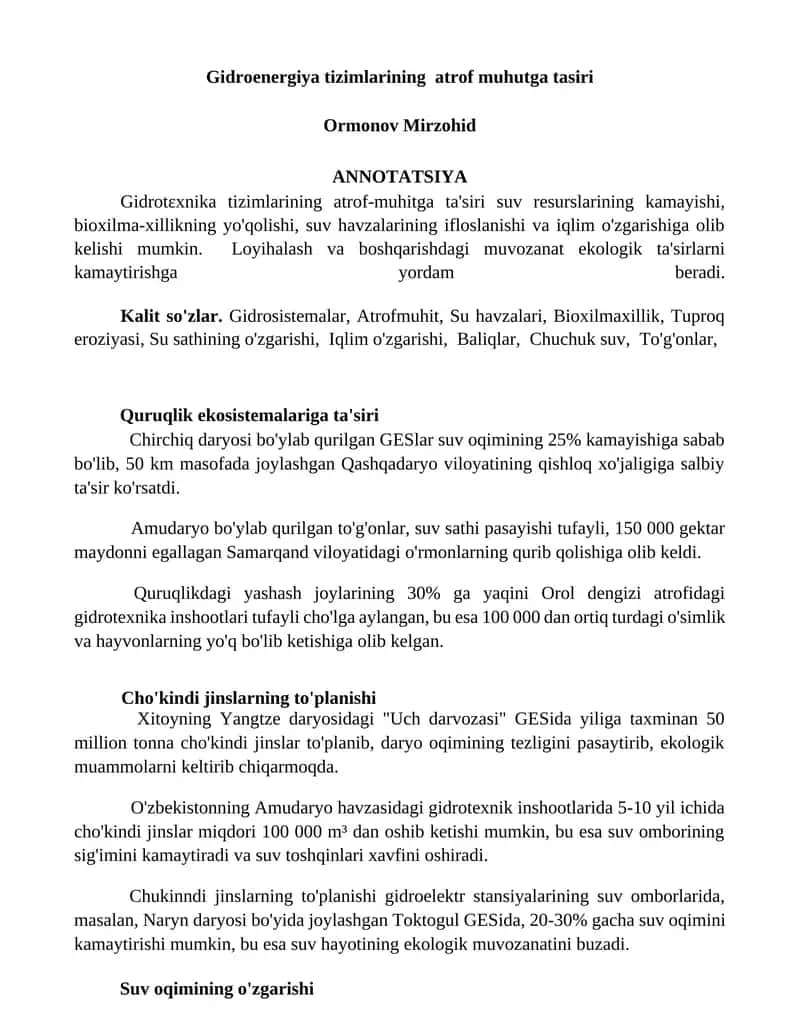 Gidroenergiya tizimlarining atrof muhutga tasiri
