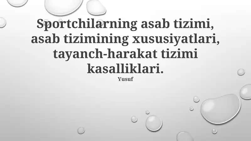 Sportchilarning asab tizimi, asab tizimining xususiyatlari, tayanch-harakat tizimi kasalliklari. Sportchining asab tizimining jarohat va mashg'ulotlarga reaksiyasi murakkab neyroximiyaviy jarayonlarni o'z ichiga oladi