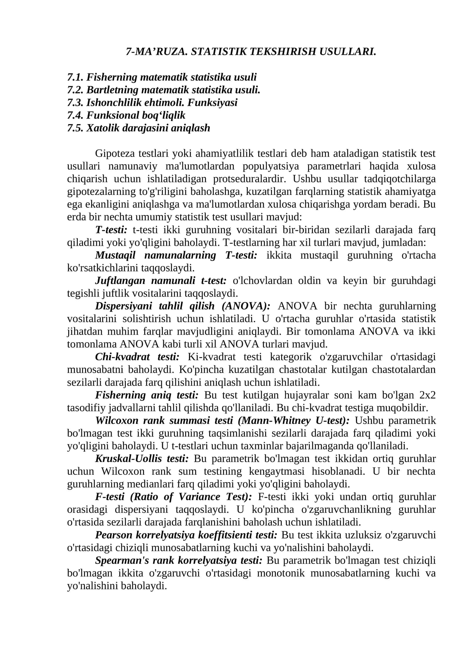 STATISTIK TEKSHIRISH USULLARI