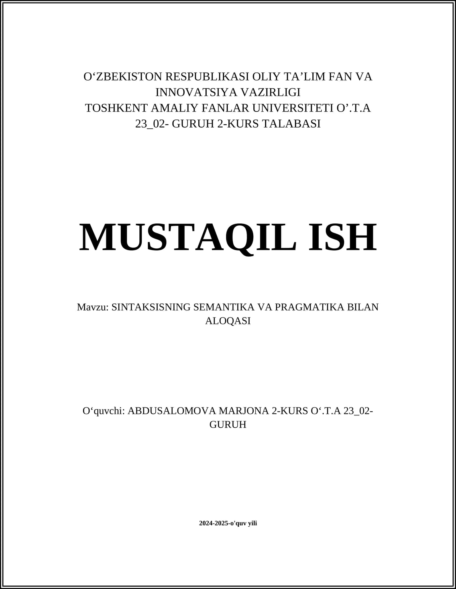 SINTAKSISNING SEMANTIKA VA PRAGMATIKA BILAN ALOQASI