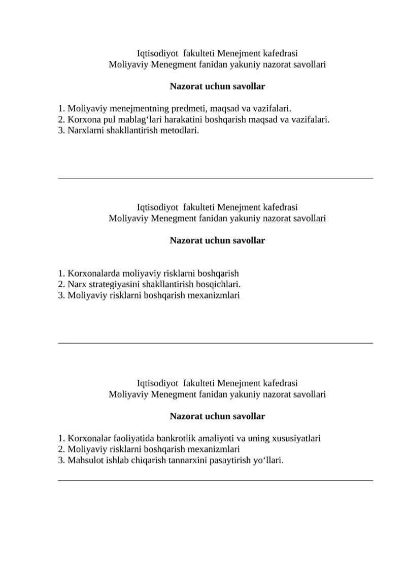 Moliyaviy Menegment fanidan yakuniy nazorat savollari