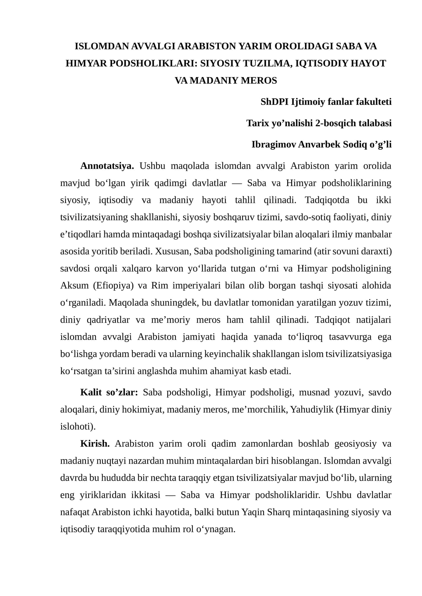 ISLOMDAN AVVALGI ARABISTON YARIM OROLIDAGI SABA VA HIMYAR PODSHOLIKLARI: SIYOSIY TUZILMA, IQTISODIY HAYOT VA MADANIY MEROS