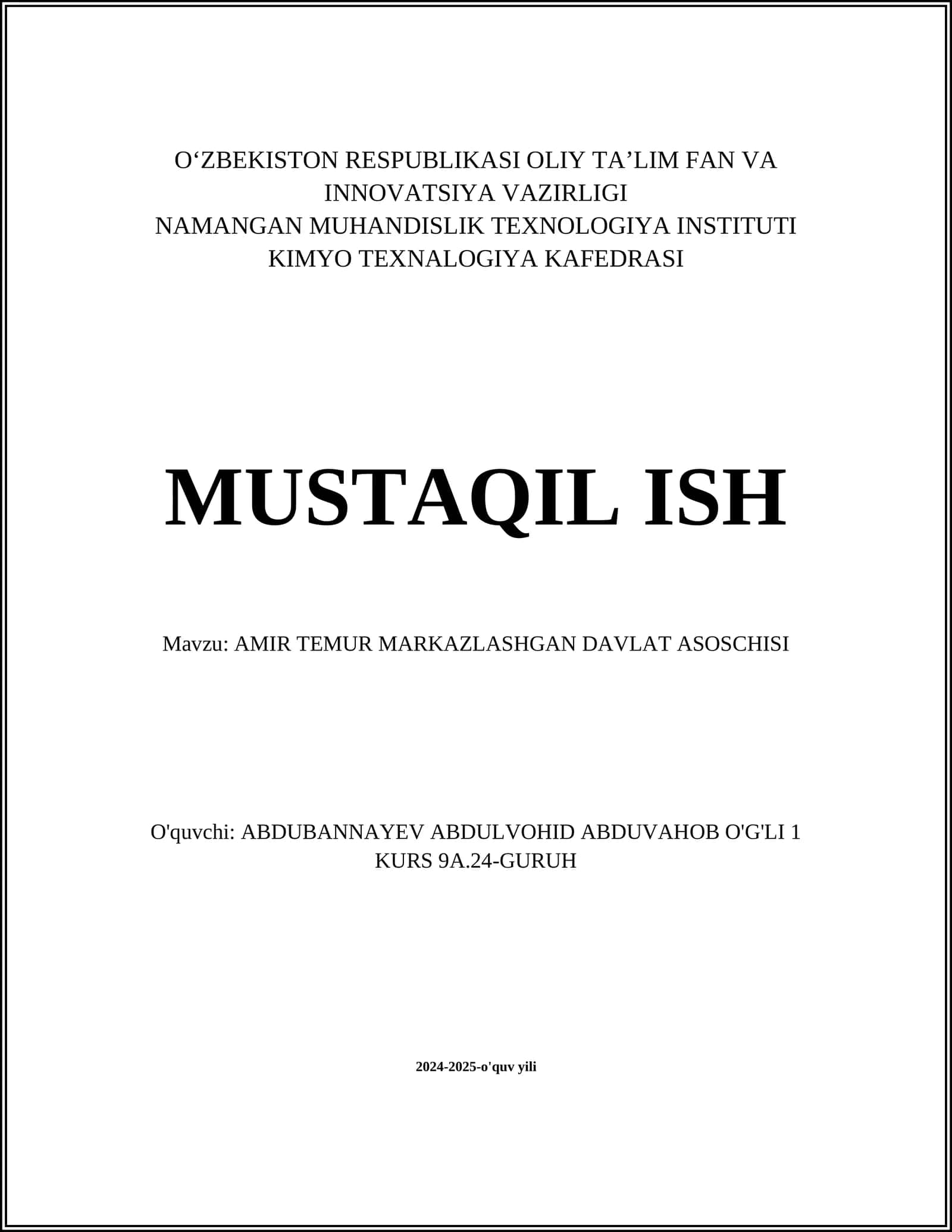 AMIR TEMUR MARKAZLASHGAN DAVLAT ASOSCHISI